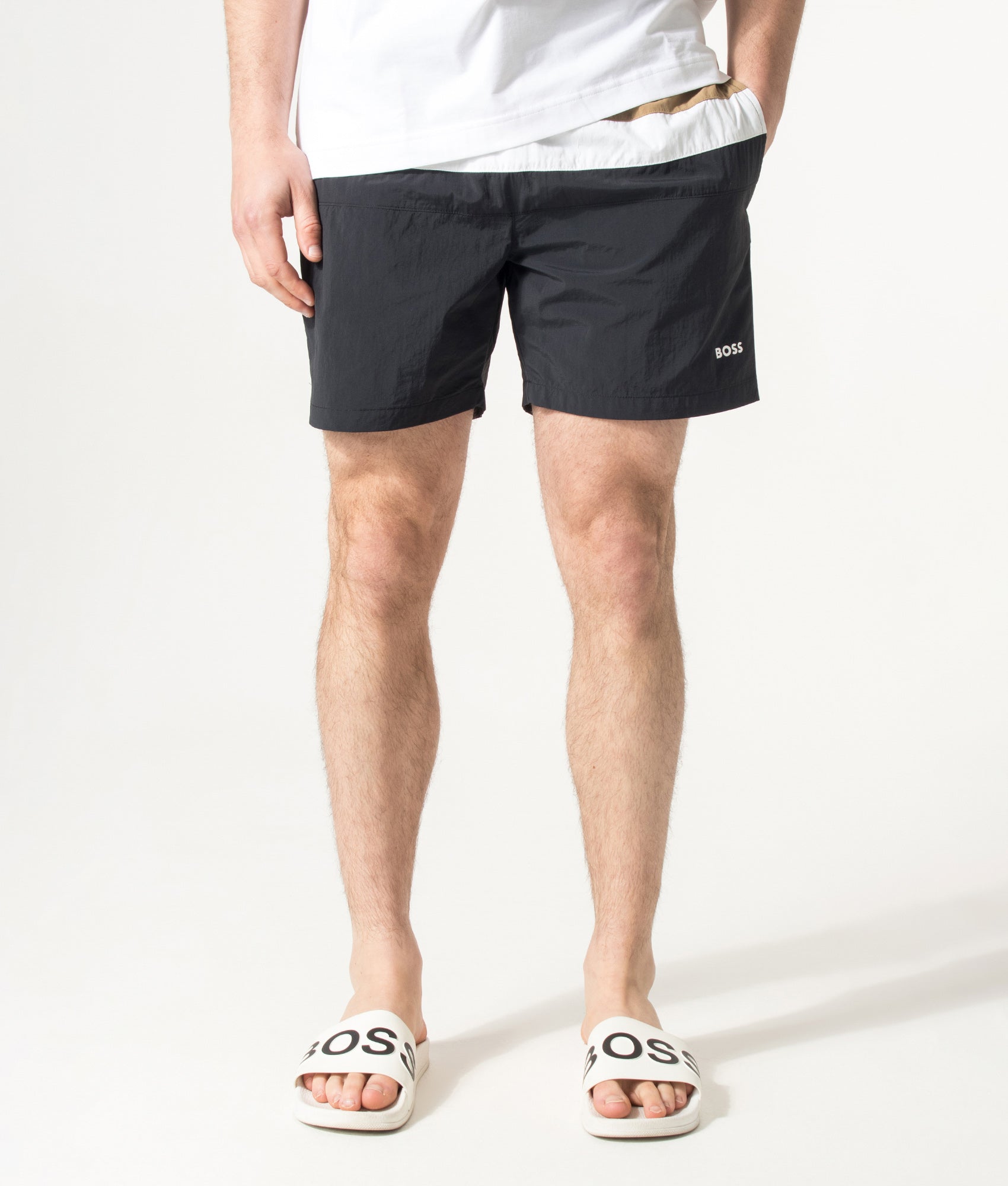 BOSS Louis Swim Shorts in Black at EQVVS Menswear. Model front shot.