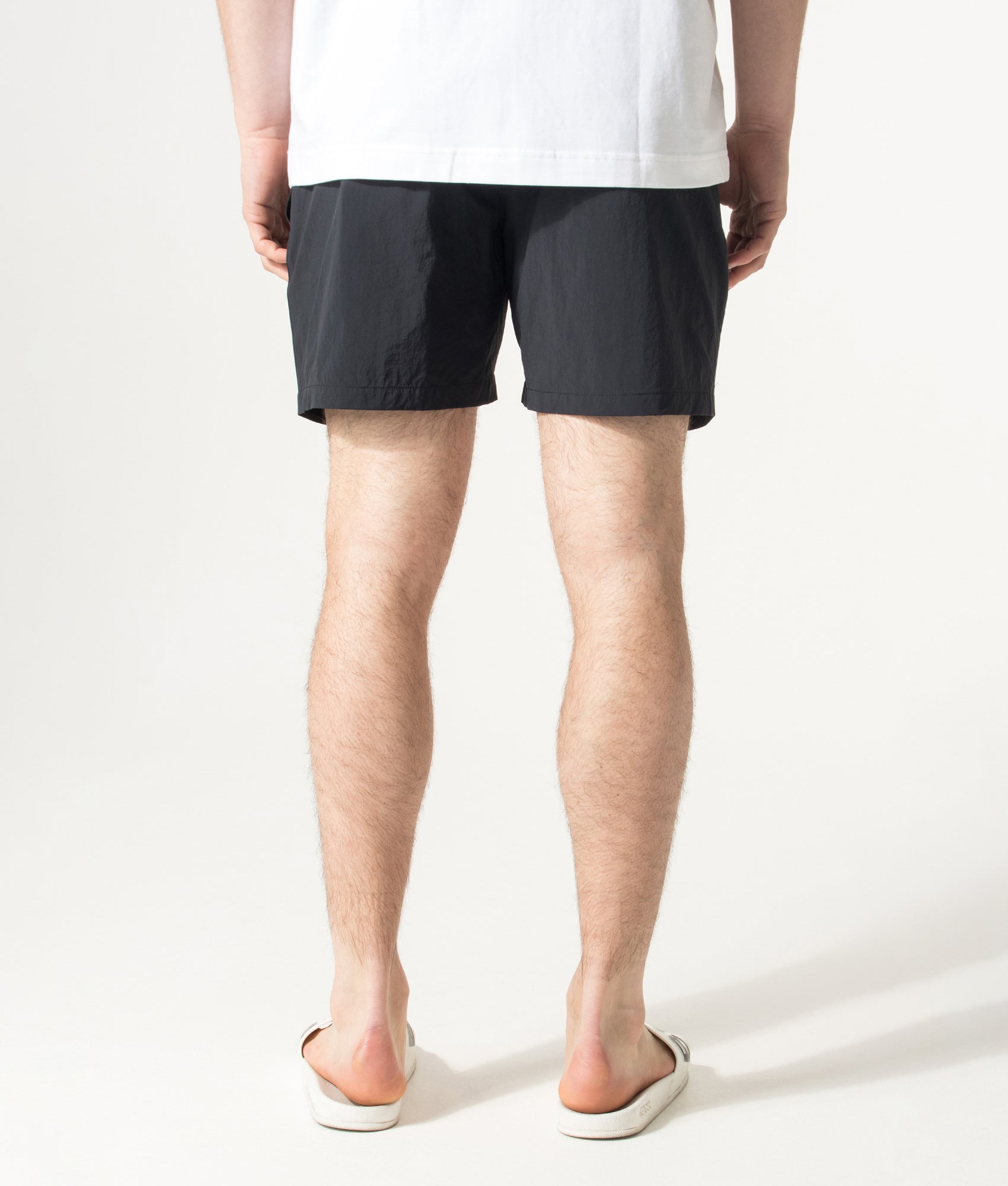 BOSS Louis Swim Shorts in Black at EQVVS Menswear. Model back shot.