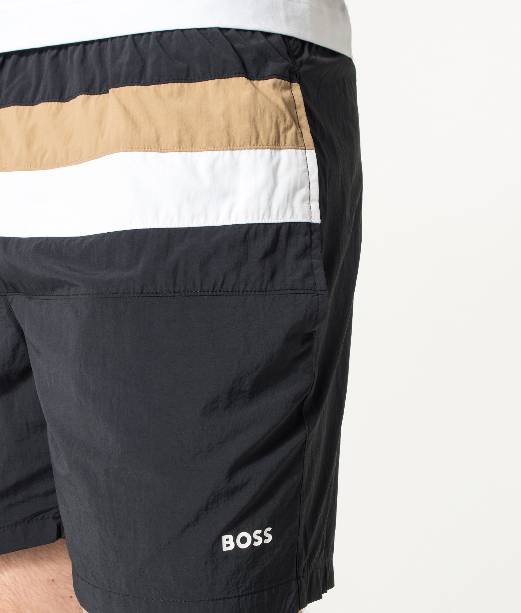 BOSS Louis Swim Shorts in Black at EQVVS Menswear. Detail shot.