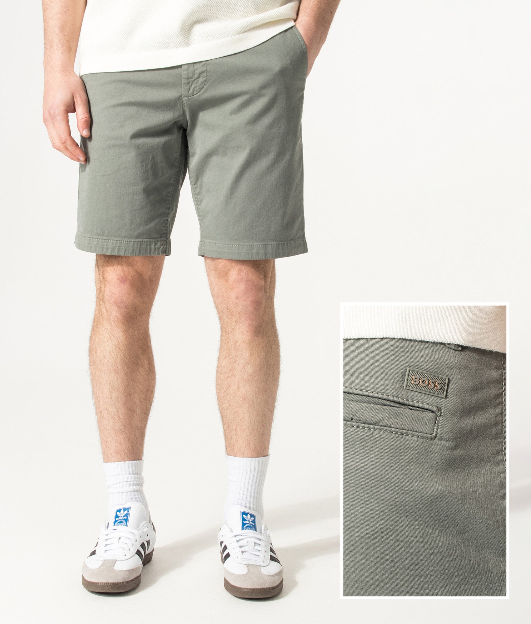 BOSS Slim Fit Chino Shorts in Open Grey at EQVVS Menswear. Front and back shot.