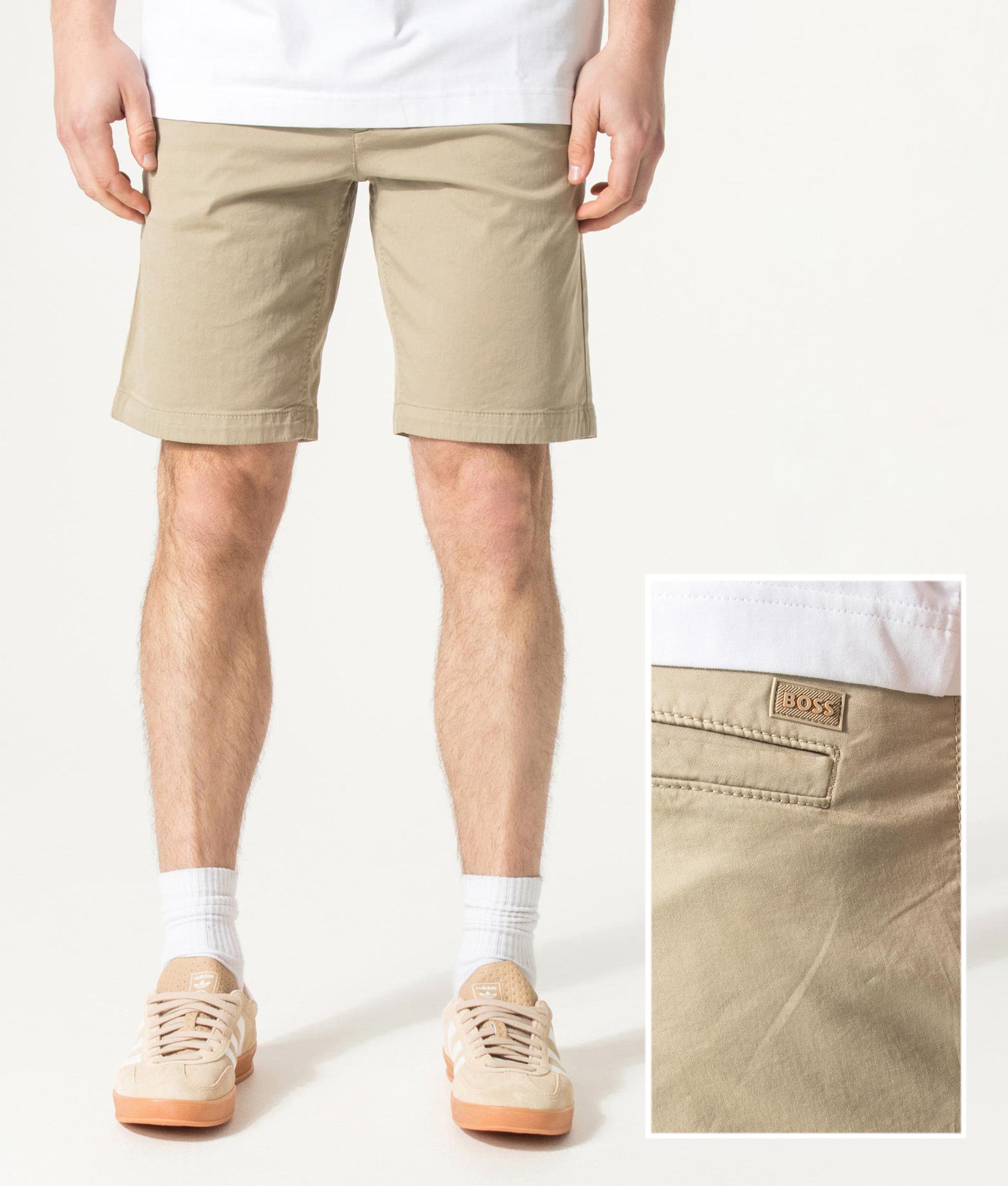 BOSS Slim Fit Chino Shorts in Light/Pastel Brown at EQVVS Menswear. Front and back shot.