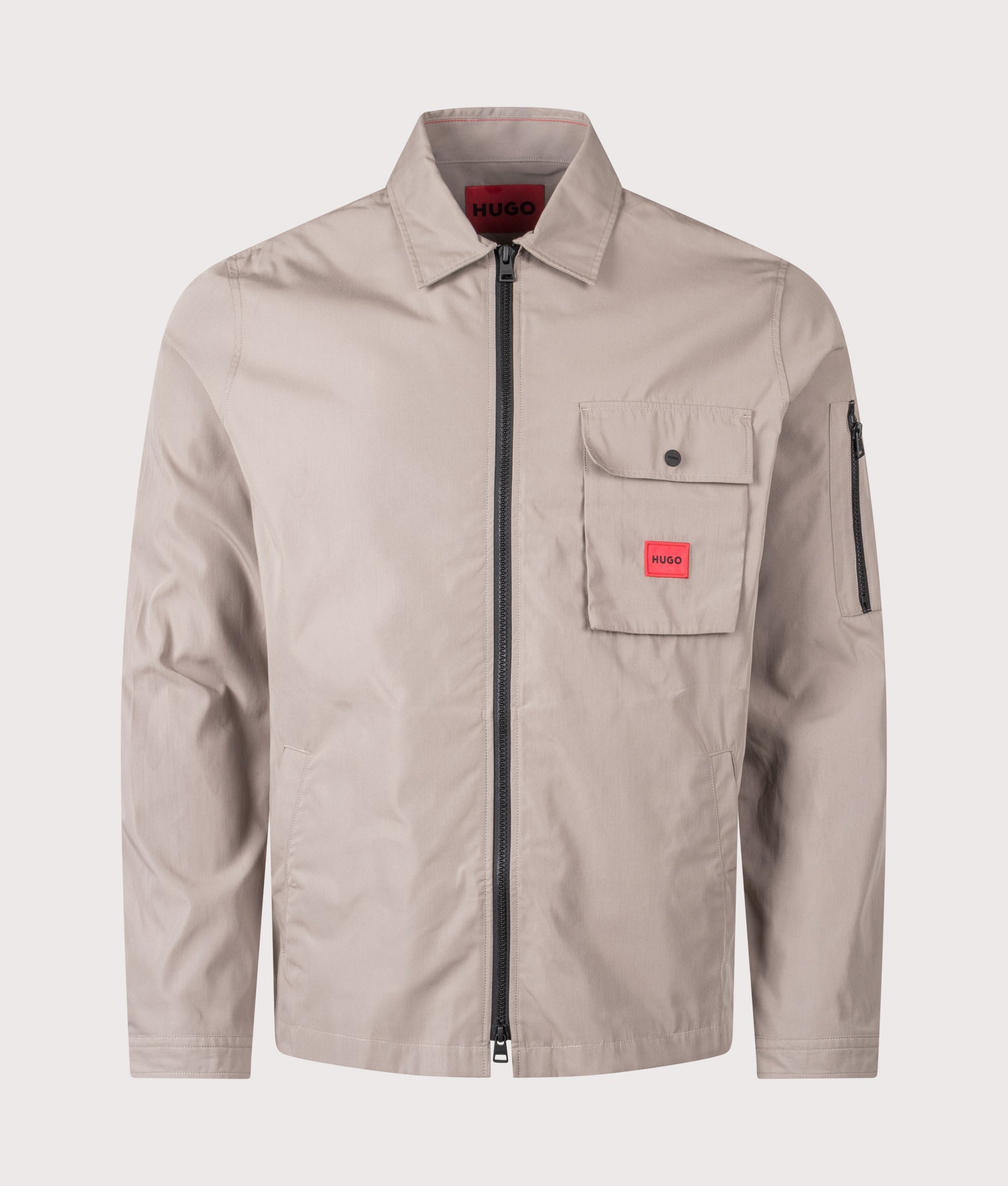 HUGO Zip Through Emmond Overshirt in Light/Pastel Brown at EQVVS Menswear. Front shot.