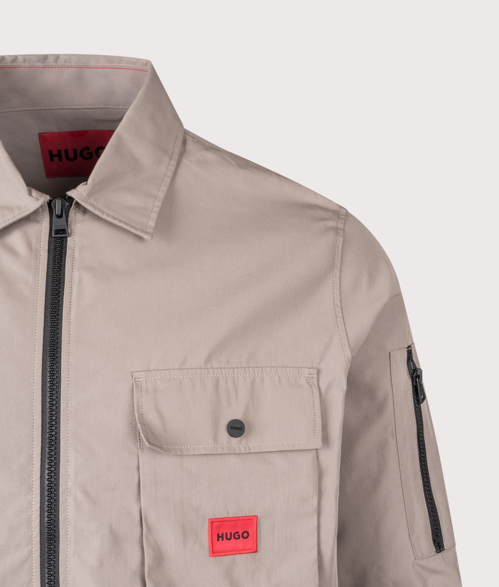 HUGO Zip Through Emmond Overshirt in Light/Pastel Brown at EQVVS Menswear. Detail shot.