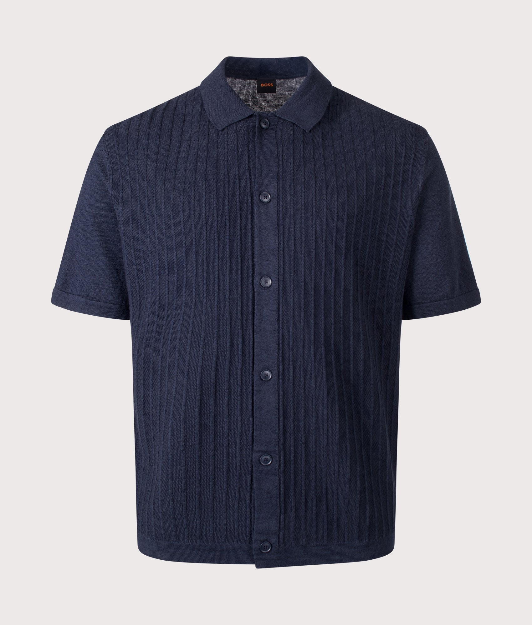 Amicino Short Sleeve Shirt in Dark Blue by BOSS. Shot by EQVVS. Front shot.