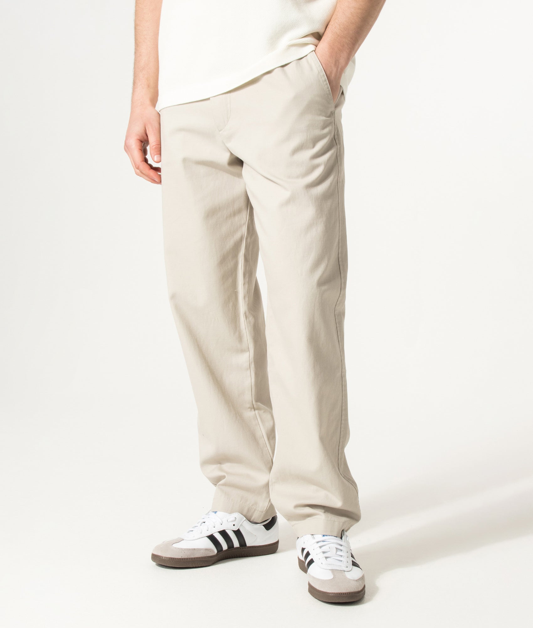 Regular Fit Chinos in Open Grey by BOSS. Shot by EQVVS. Front angled shot.