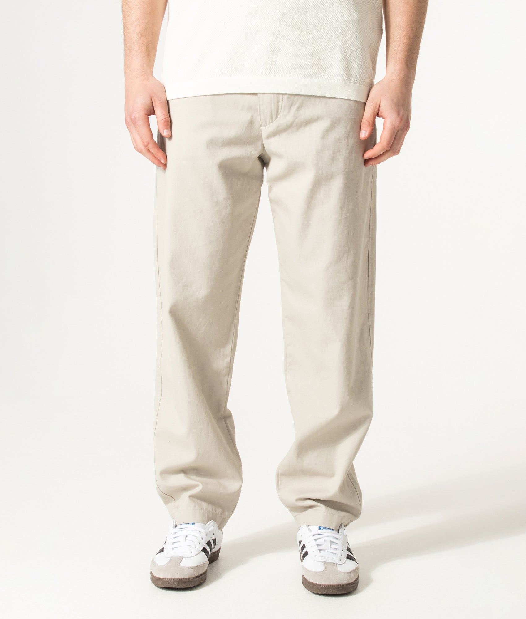 Regular Fit Chinos in Open Grey by BOSS. Shot by EQVVS. Front shot.