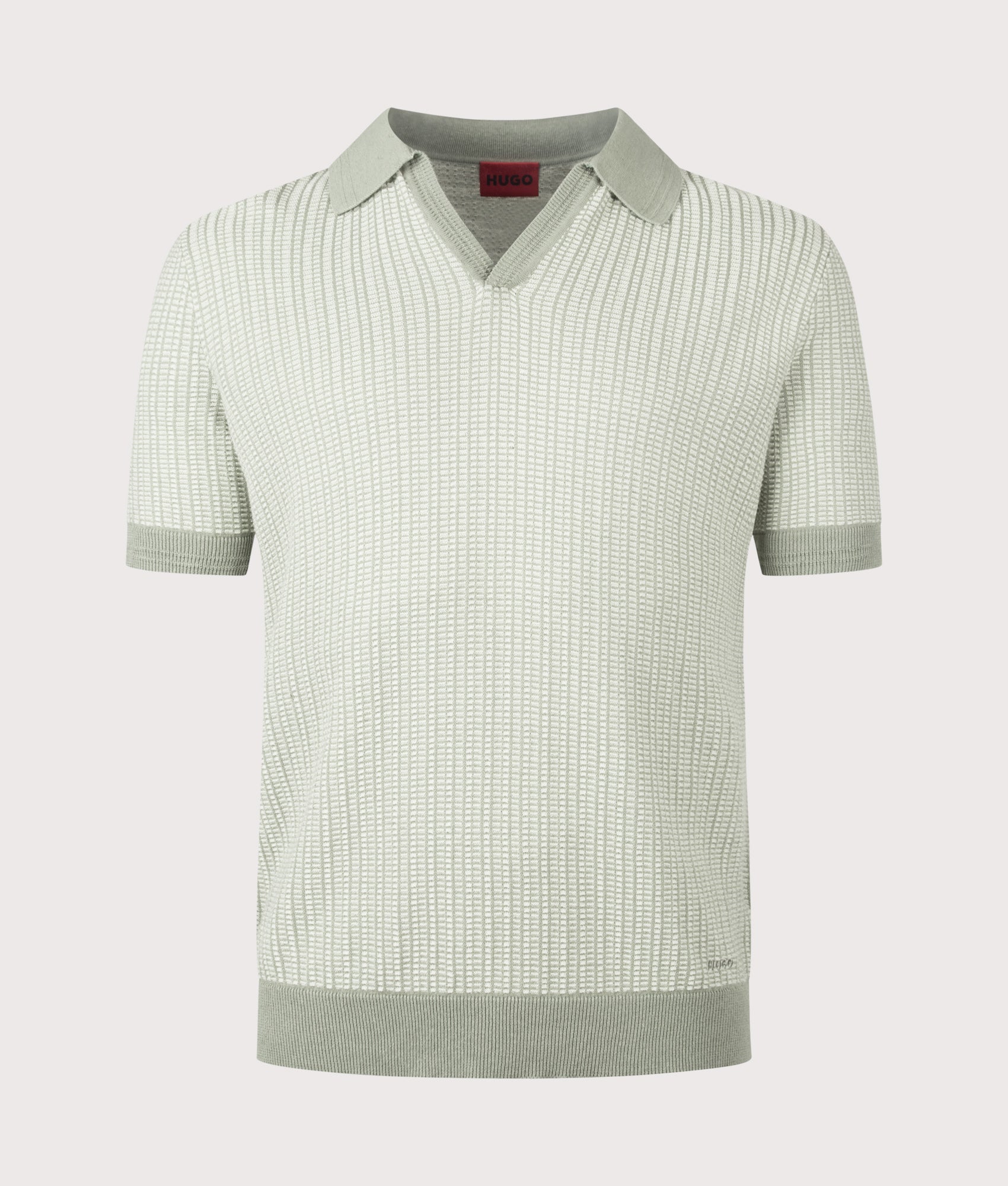 HUGO Johnny Collar Knitted Polo Shirt in Light/Pastel Green at EQVVS Menswear. Front shot.