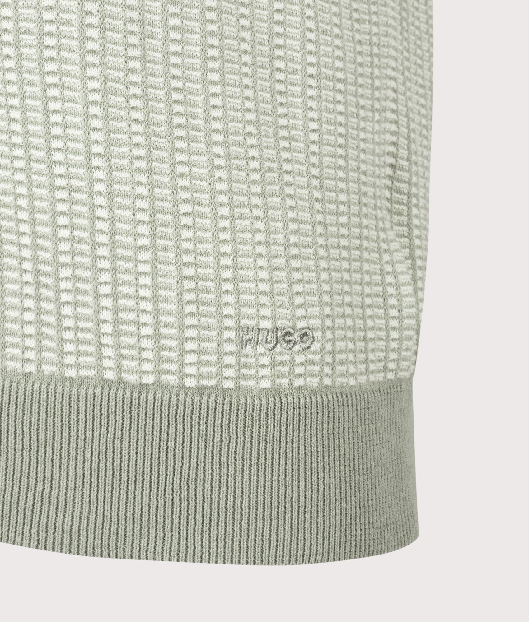 HUGO Johnny Collar Knitted Polo Shirt in Light/Pastel Green at EQVVS Menswear. Detail shot.