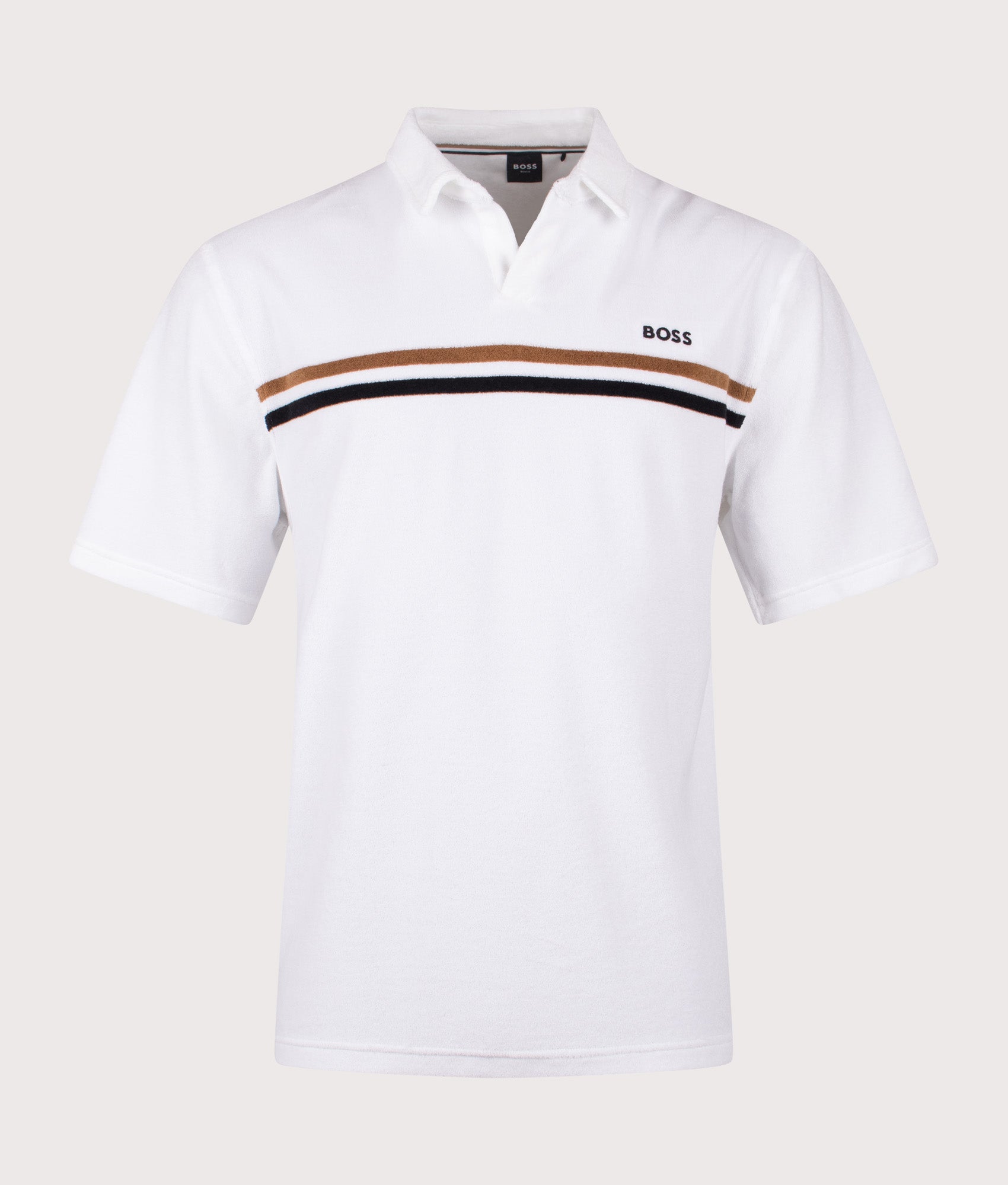 BOSS Iconic Polo Shirt in White at EQVVS Menswear. Front shot.