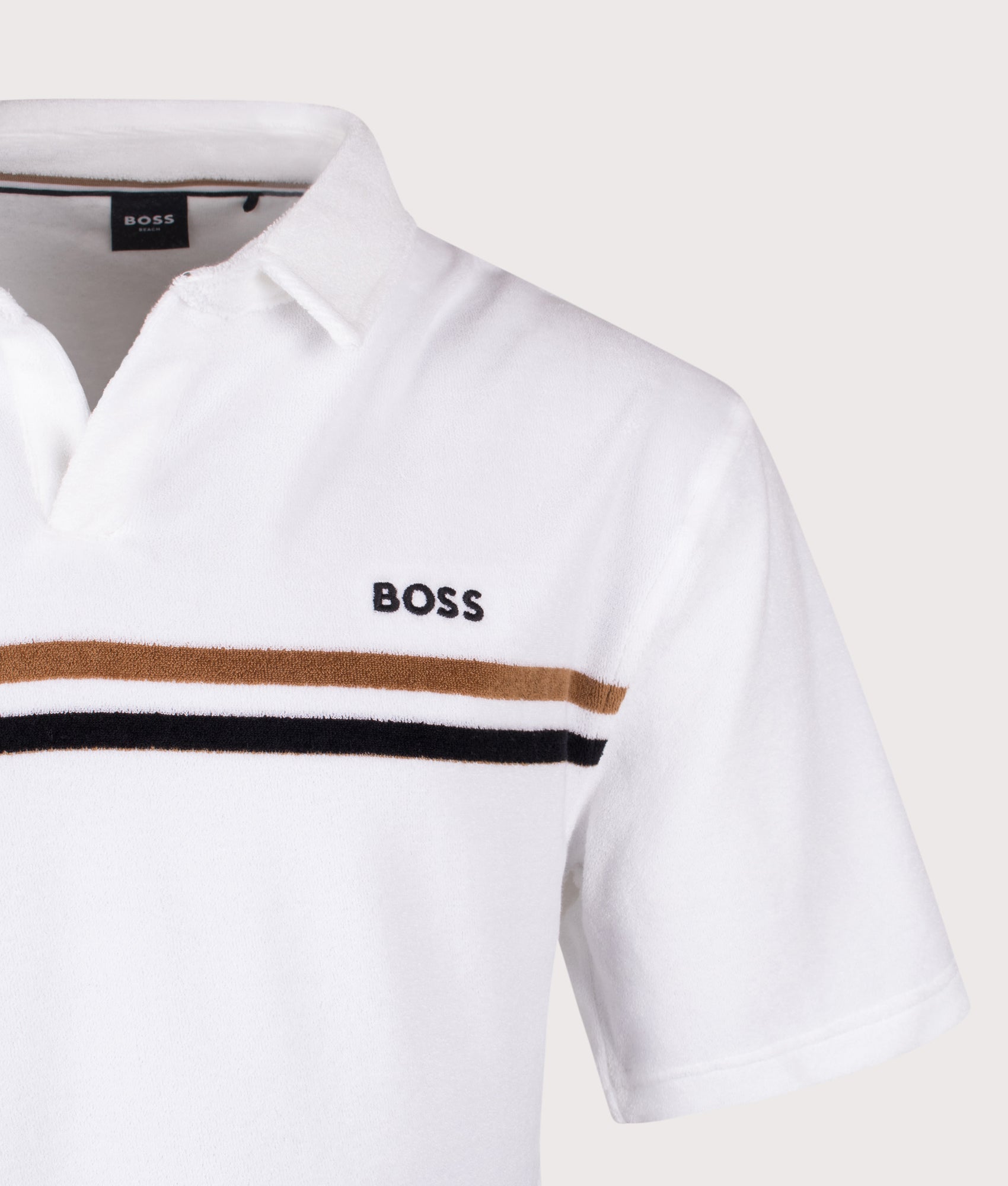 BOSS Iconic Polo Shirt in White at EQVVS Menswear. Detail shot.