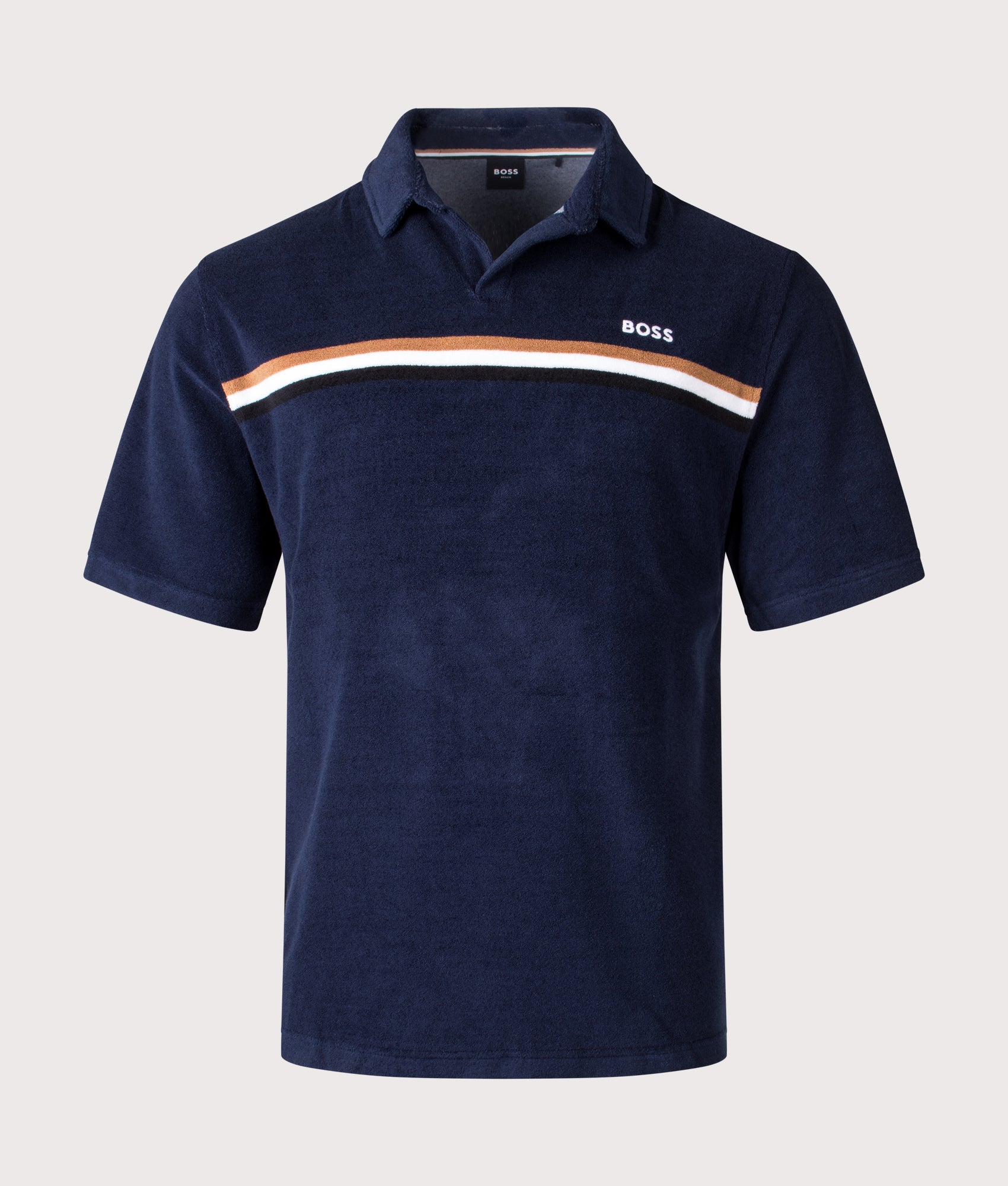 BOSS Iconic Polo Shirt in Navy at EQVVS Menswear. Front shot.