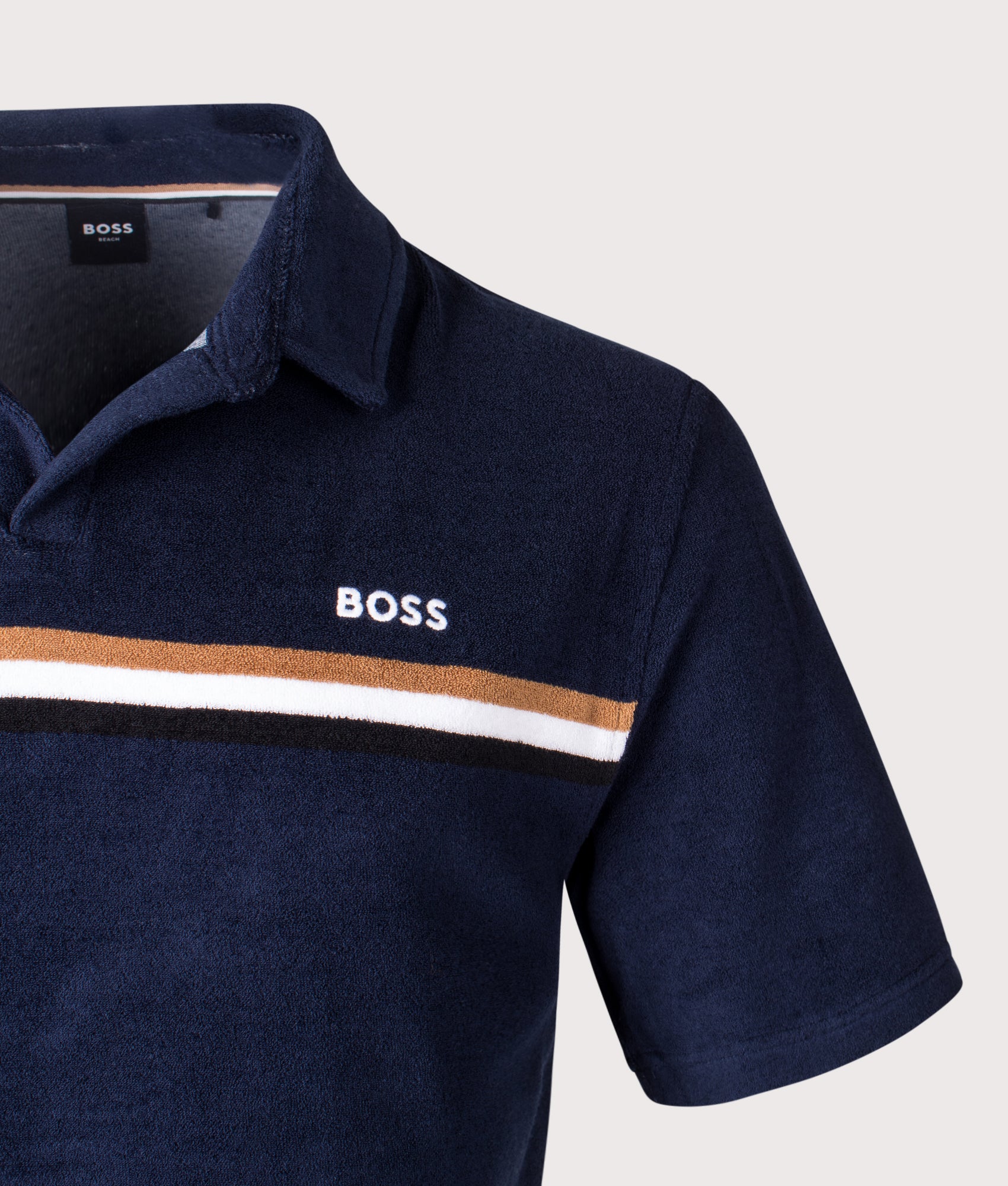 BOSS Iconic Polo Shirt in Navy at EQVVS Menswear. Detail shot.