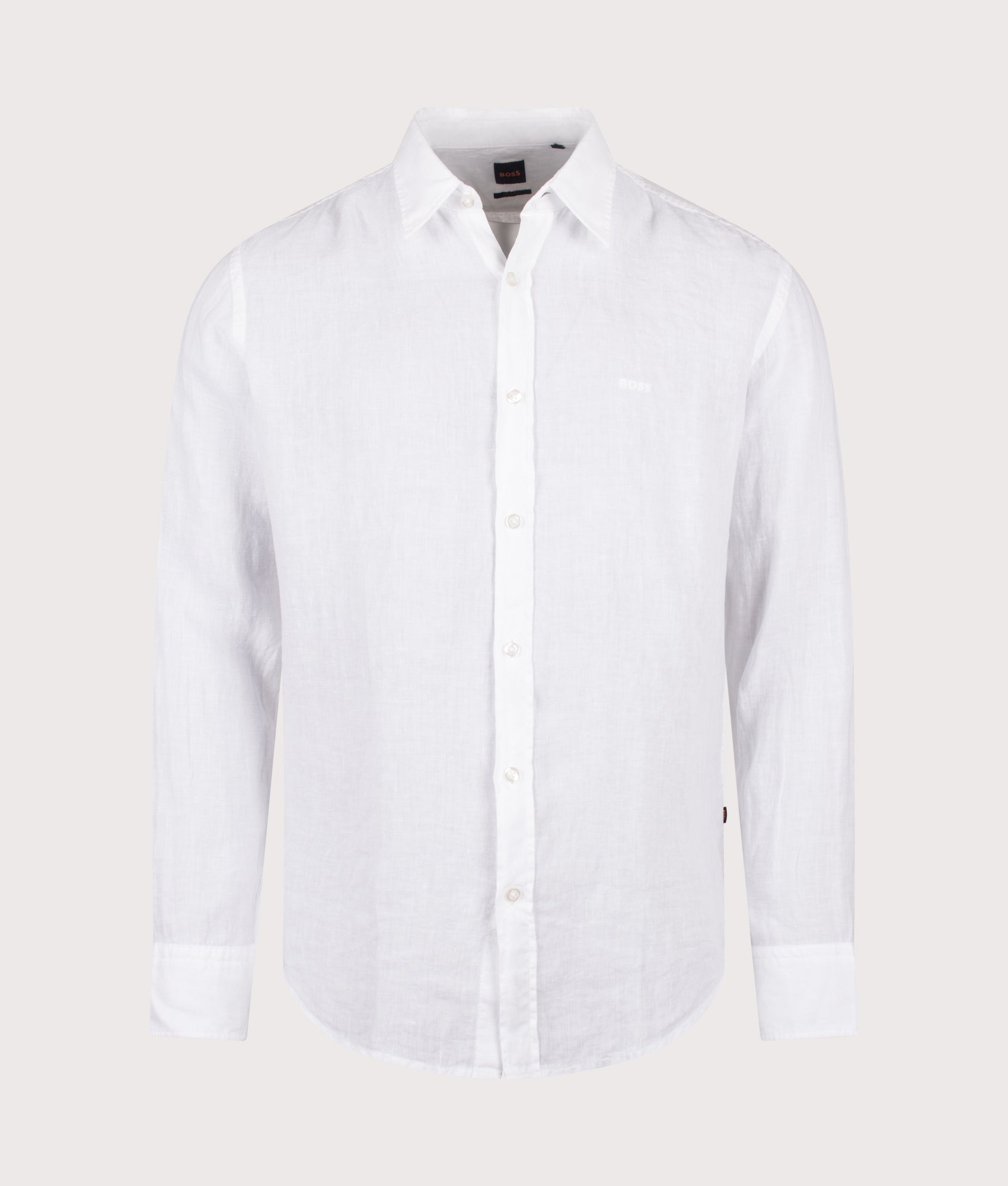 BOSS Linen Shirt in White at EQVVS Menswear. Front shot.