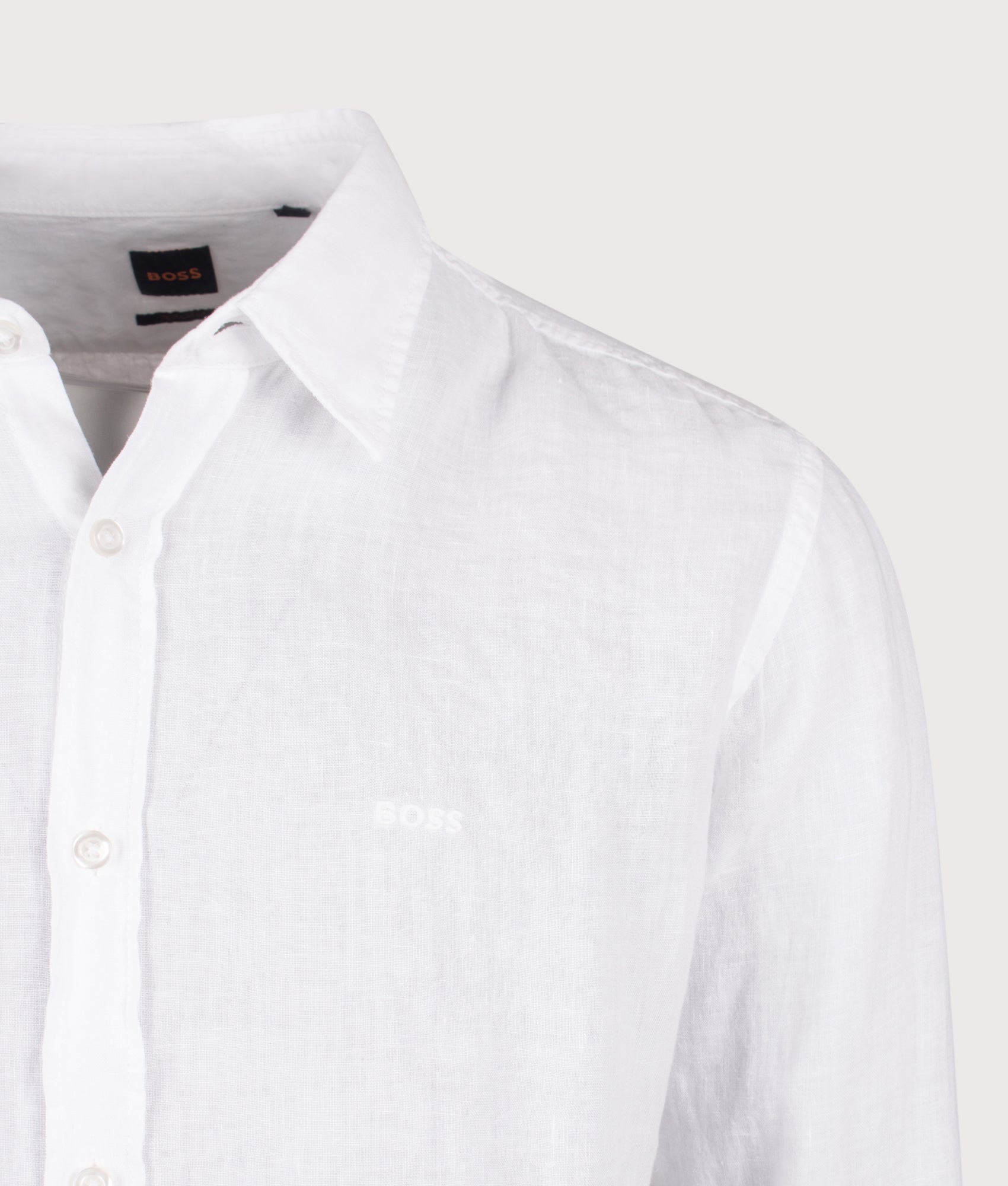 BOSS Linen Shirt in White at EQVVS Menswear. Detail shot.