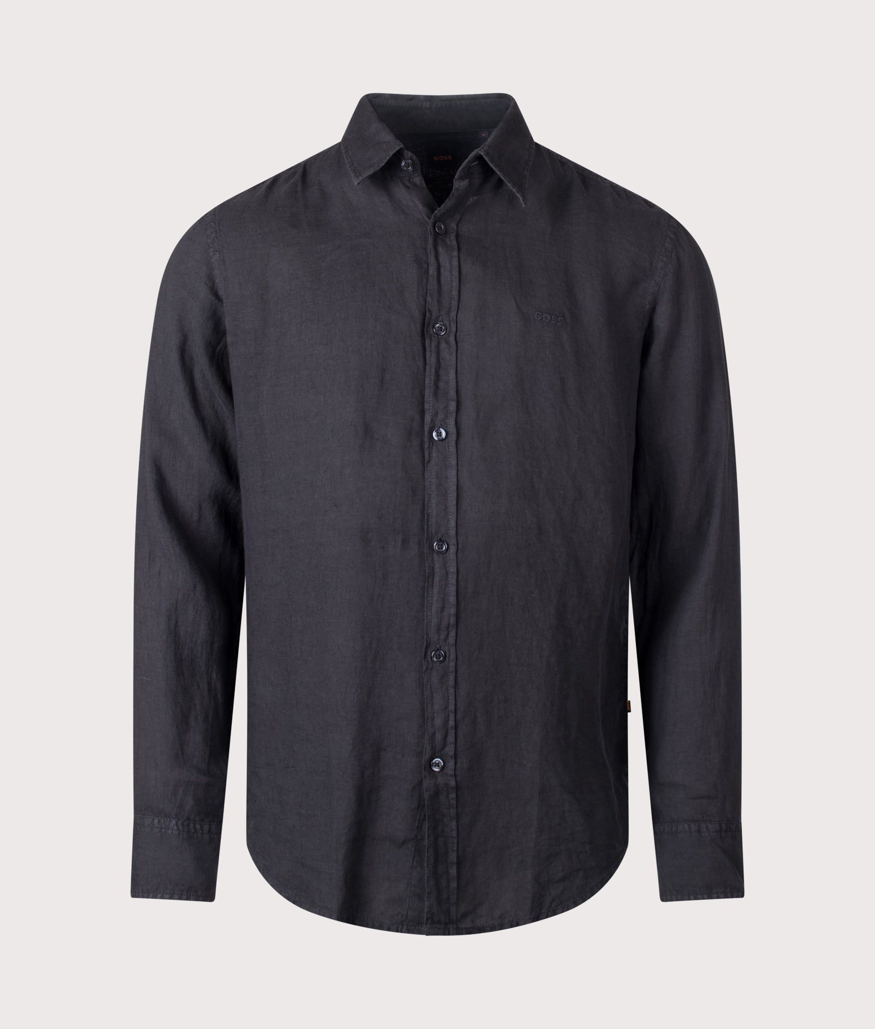 BOSS Linen Shirt in Black at EQVVS Menswear. Front shot.