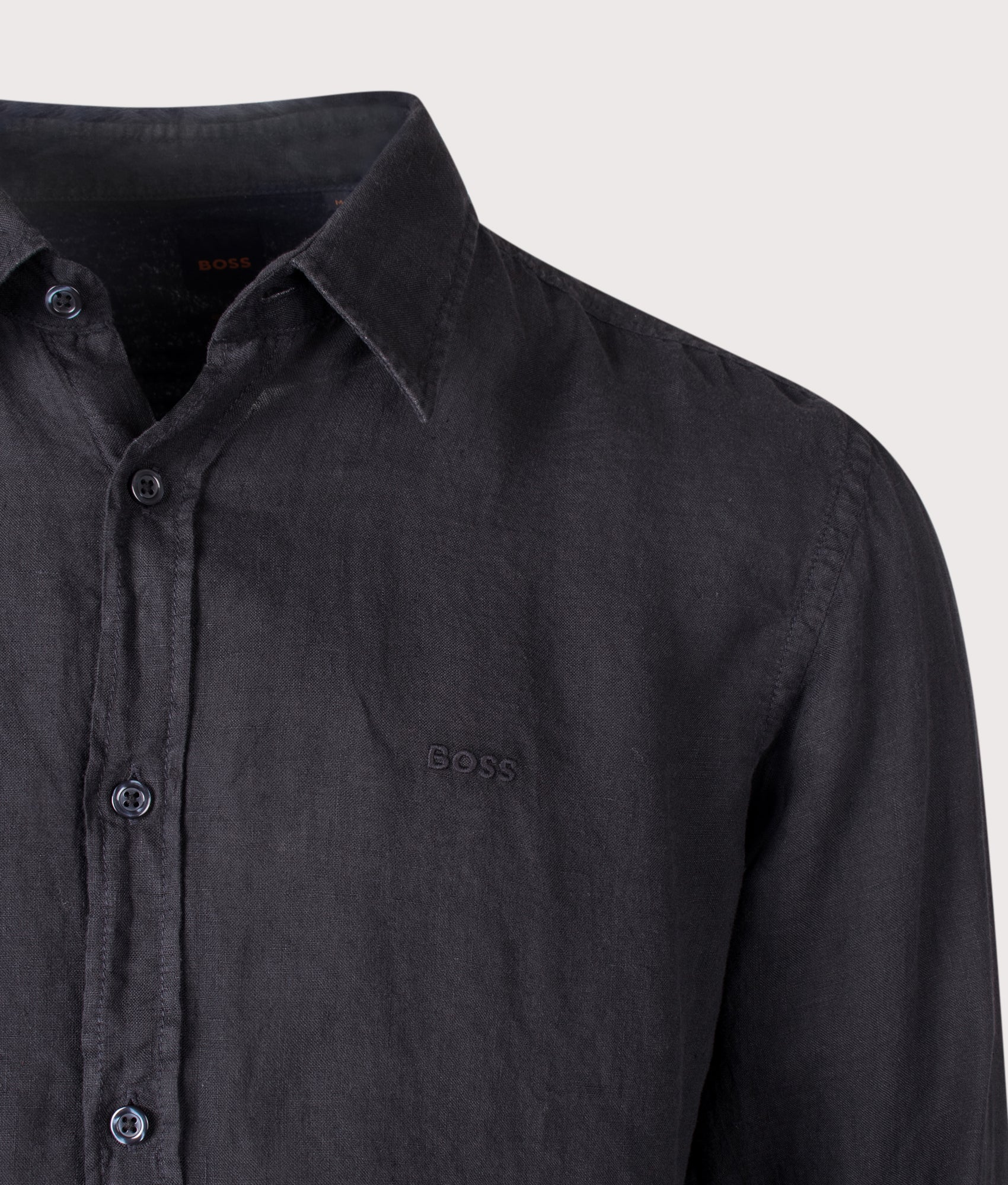 BOSS Linen Shirt in Black at EQVVS Menswear. Detail shot.