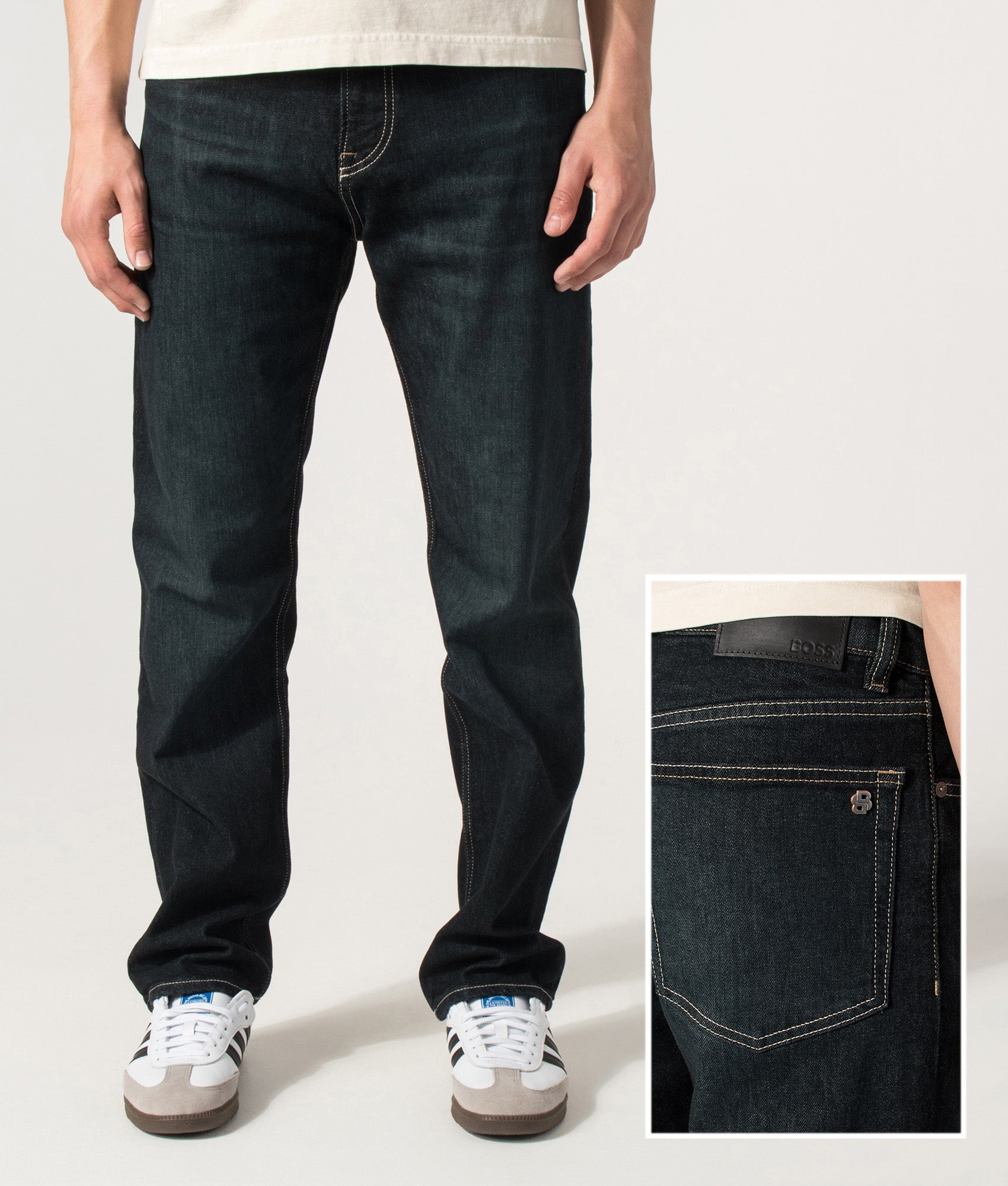 BOSS Ogden 3 Straight Leg Jeans in Dark Blue at EQVVS Menswear. Front and back detail shot.