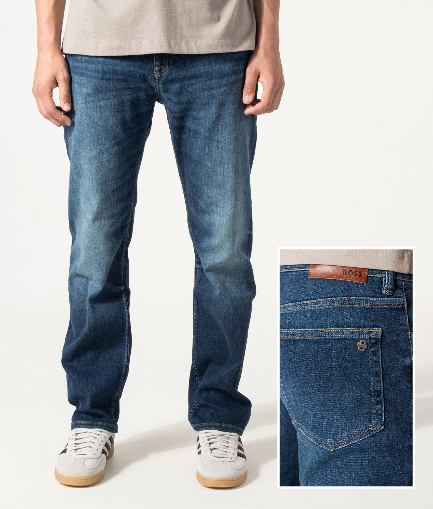 BOSS Ogden Straight Leg Jeans in Navy at EQVVS Menswear. Model front and back detail shot.