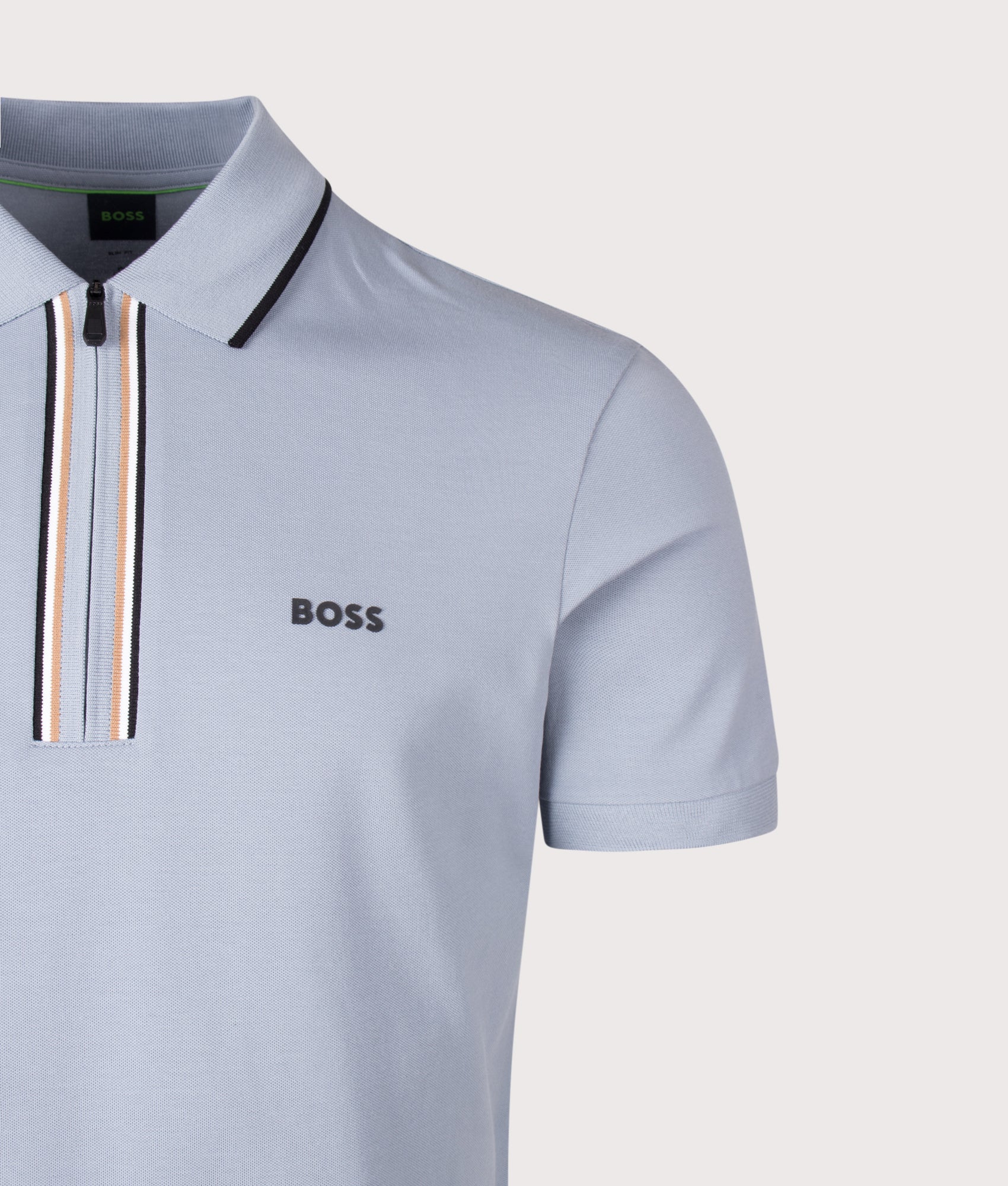 BOSS Slim Fit Philix Polo Shirt in Dark Grey at EQVVS Menswear. Detail shot.