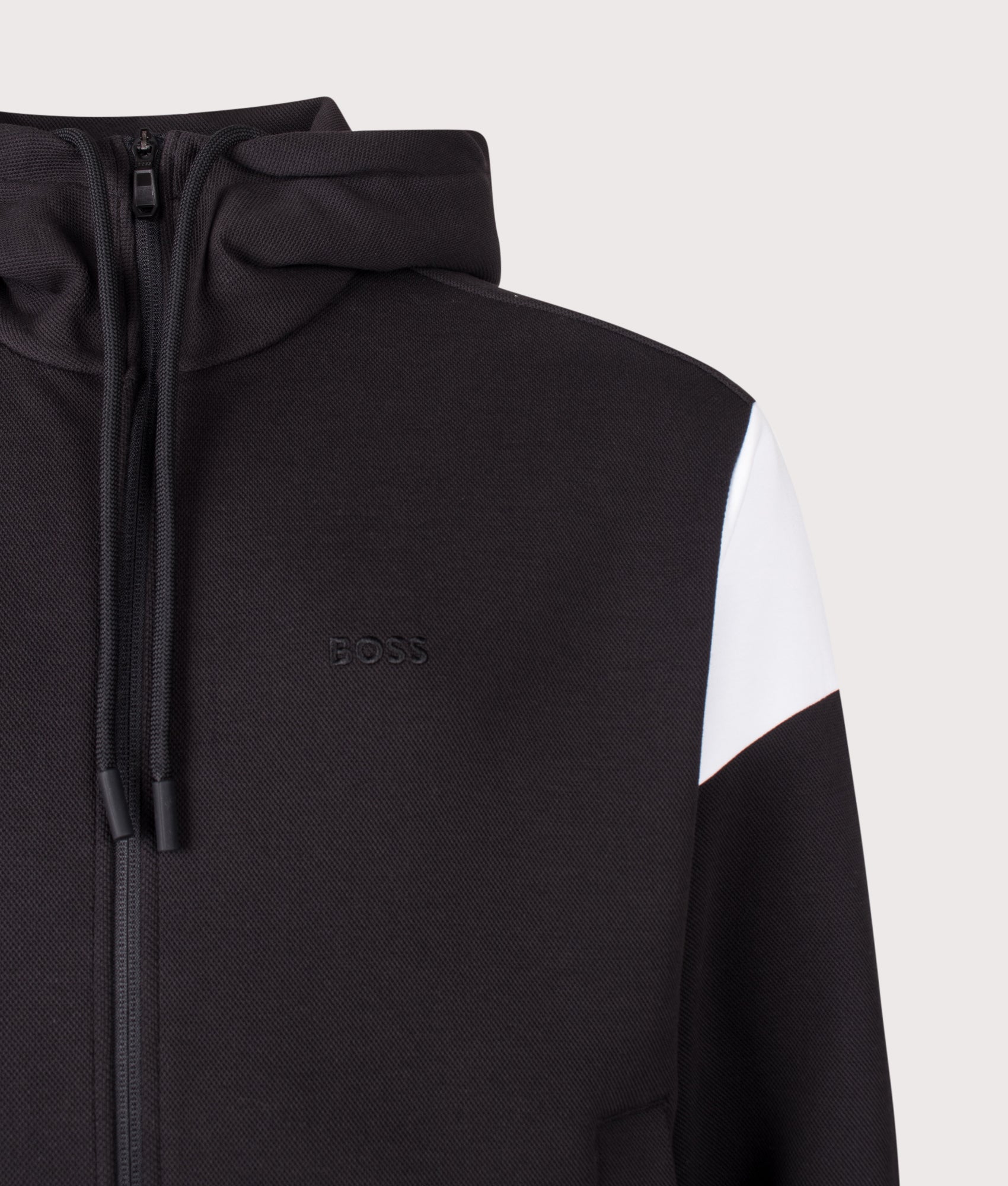  BOSS Union Saggy Hoodie in Black at EQVVS Menswear. Detail shot.