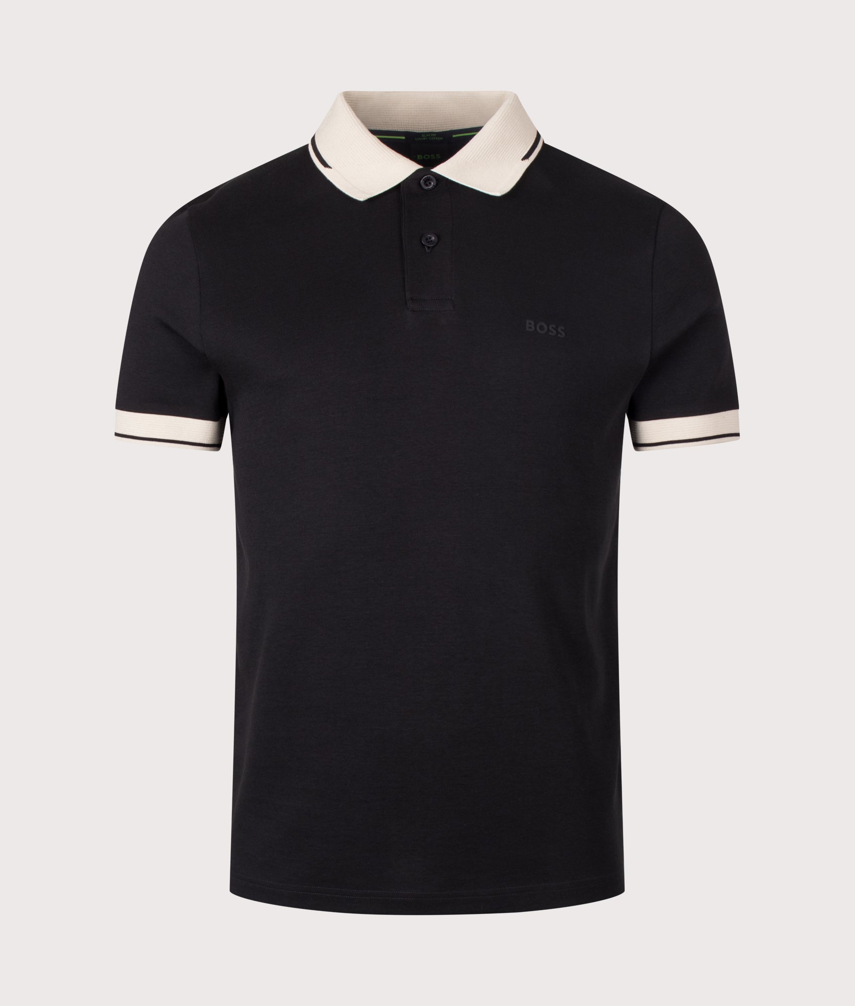 BOSS Slim Fit Network Paule Polo Shirt in Black at EQVVS Menswear. Front shot.