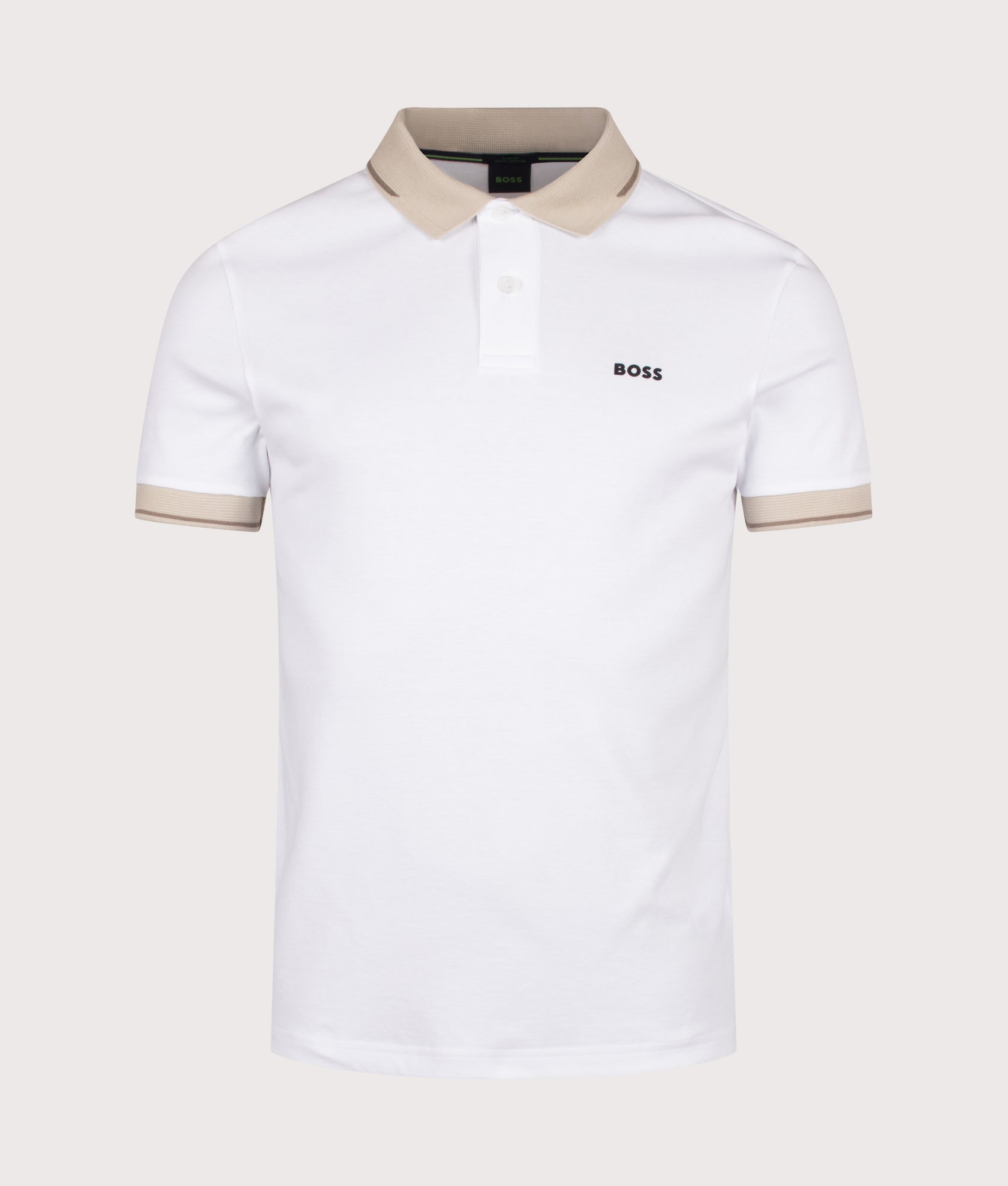 BOSS Slim Fit Network Paule Polo Shirt in White at EQVVS Menswear. Front shot.