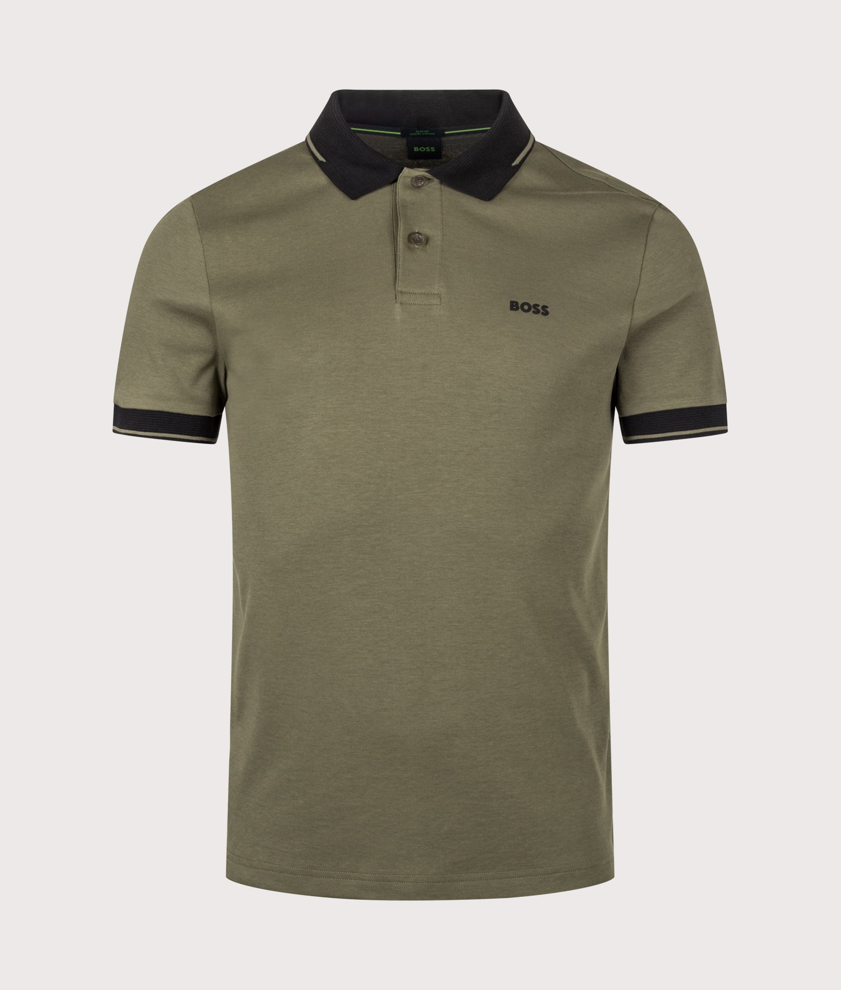 BOSS Slim Fit Network Paule Polo Shirt in Open Green at EQVVS Menswear. Front shot.