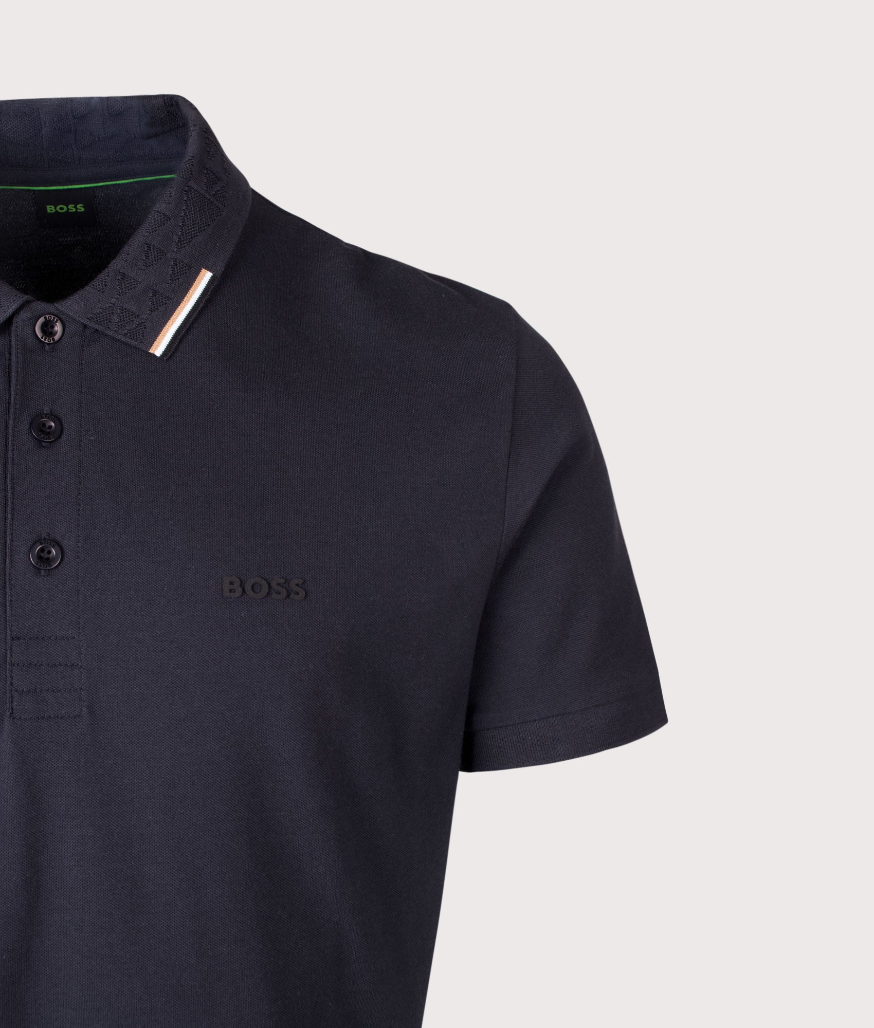 BOSS Swing Paddy Polo Shirt in Dark Blue at EQVVS Menswear. Detail shot.