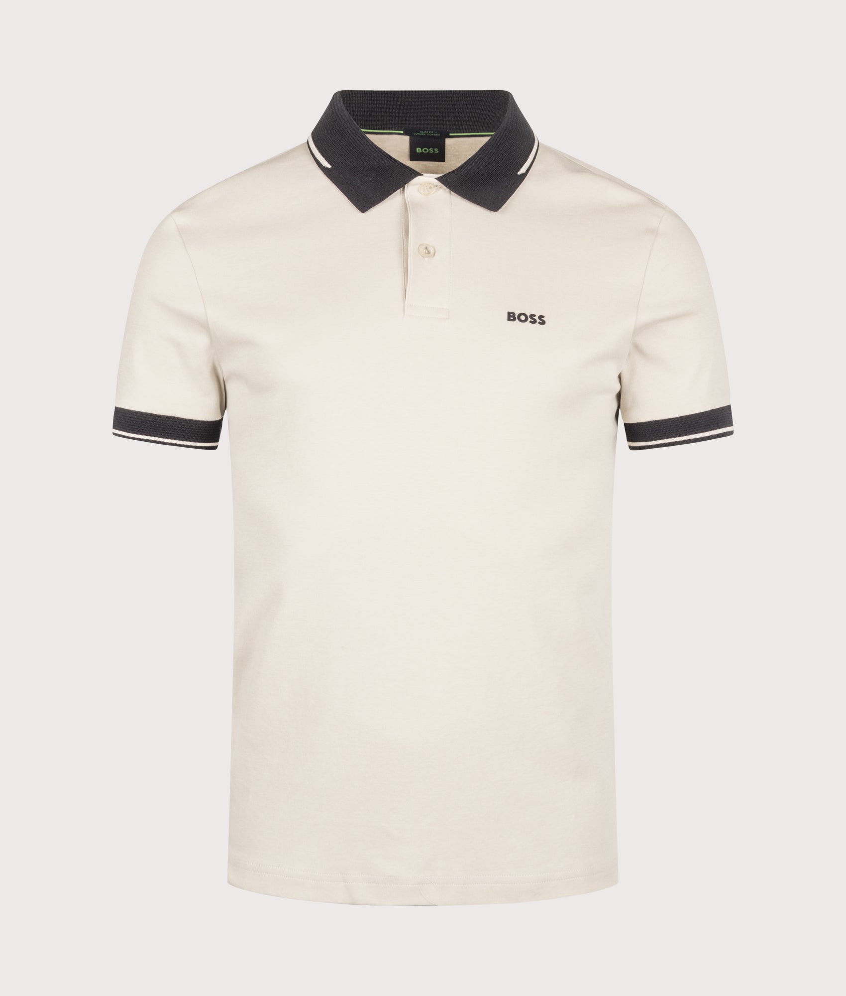 BOSS Slim Fit Network Paule Polo Shirt in Light Beige at EQVVS Menswear. Front shot.