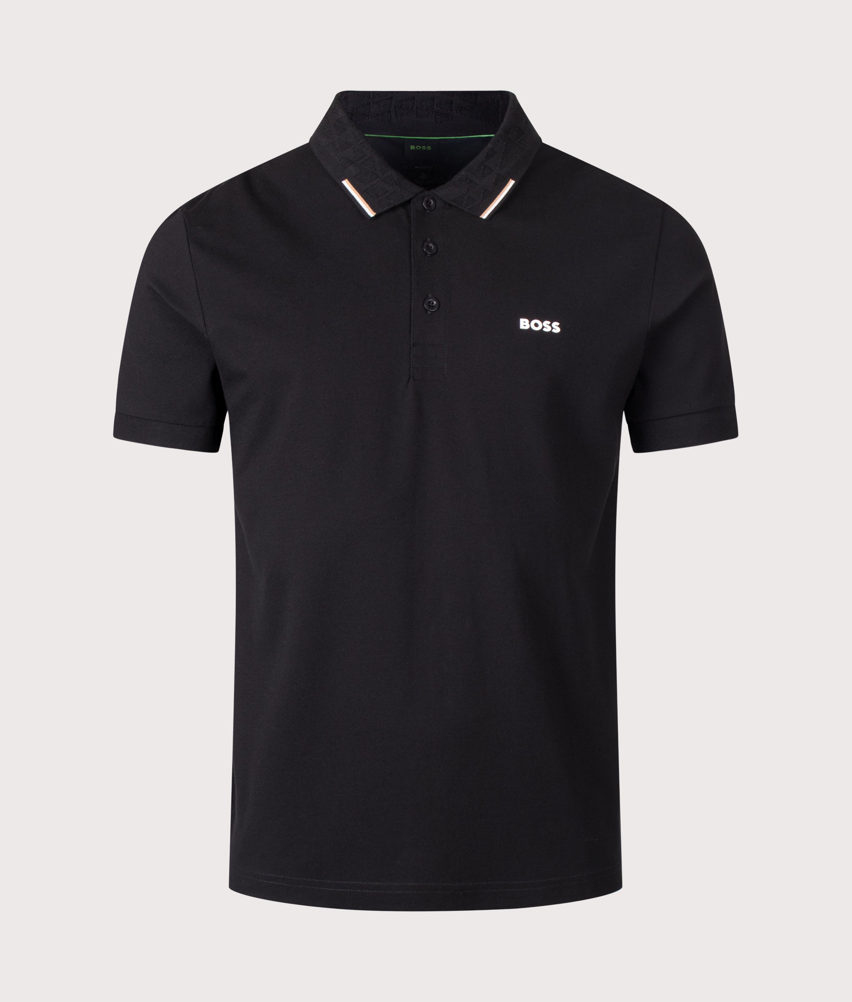 BOSS Swing Paddy Polo Shirt in Black at EQVVS Menswear. Front shot.