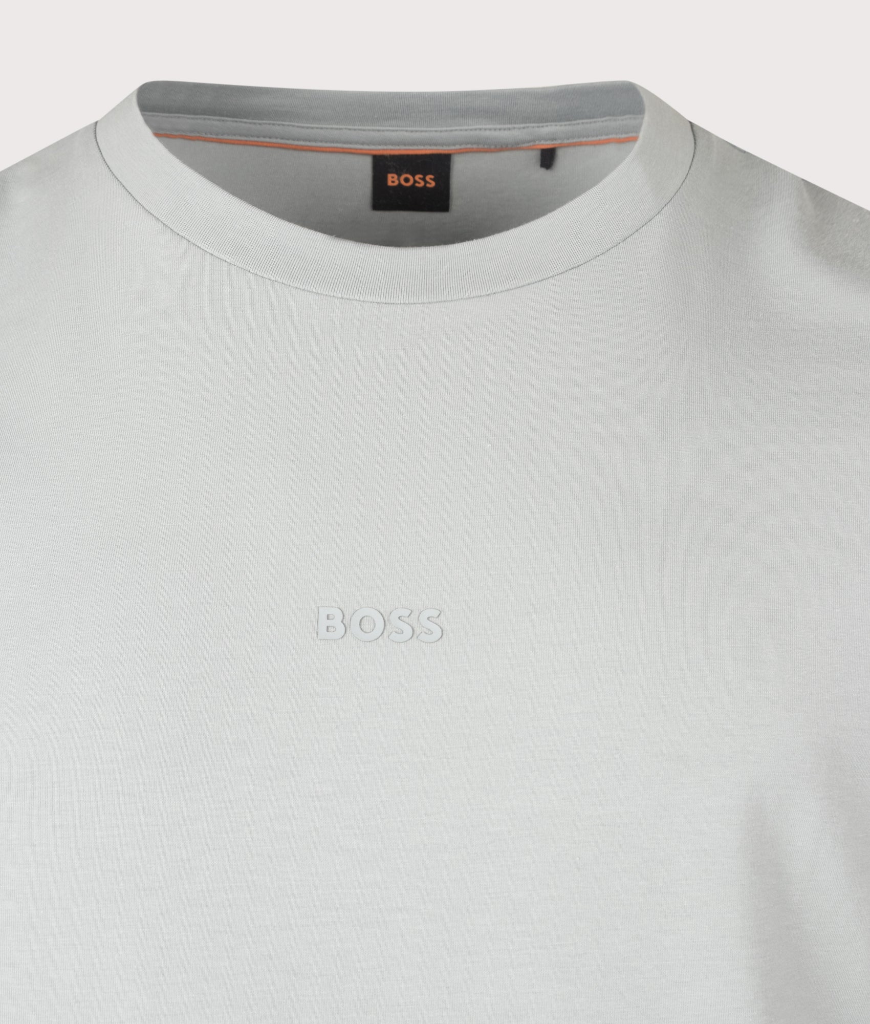 BOSS Relaxed Fit TChup T-Shirt in Open Grey at EQVVS Menswear. Detail shot.