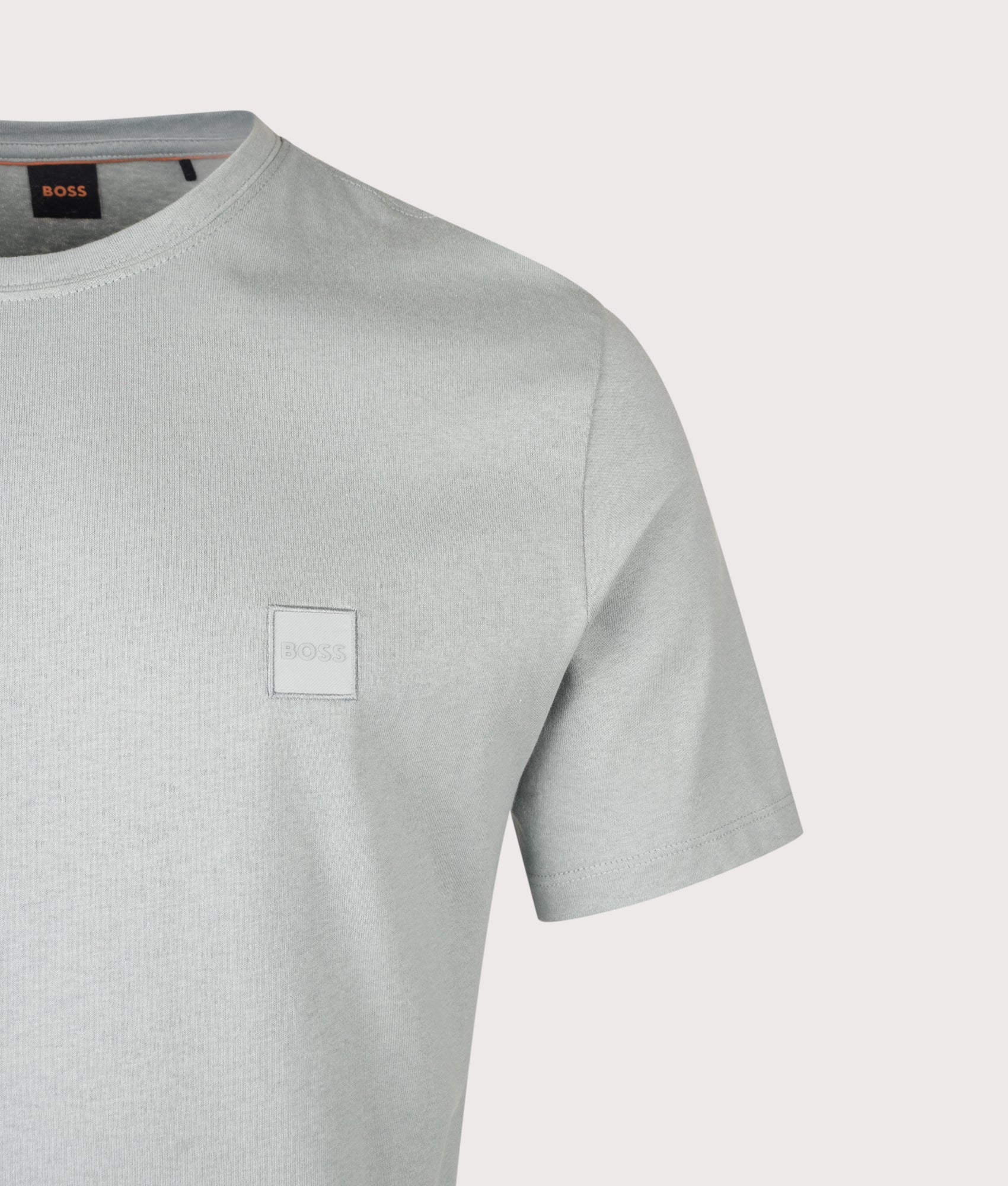 BOSS Regular Fit Tales T-Shirt in Open Grey at EQVVS Menswear. Detail shot.