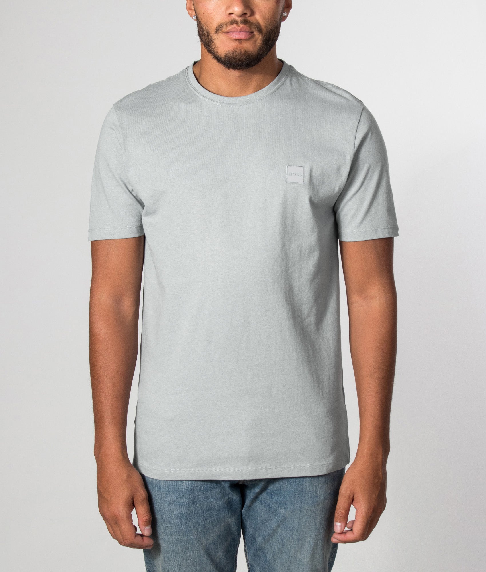 BOSS Regular Fit Tales T-Shirt in Open Grey at EQVVS Menswear. Model front shot.