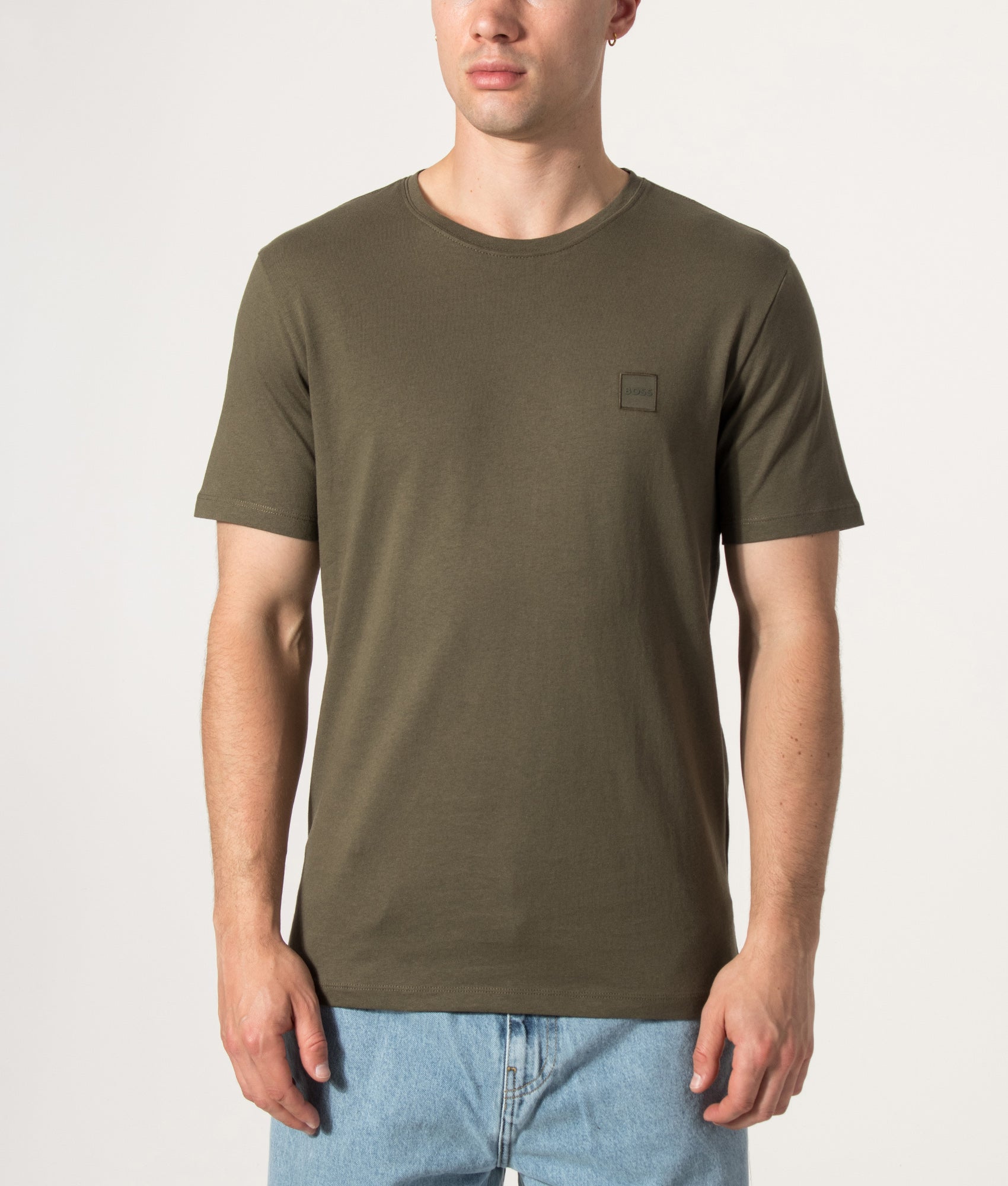 BOSS Regular Fit Tales T-Shirt in Bright Green at EQVVS Menswear. Model front shot.