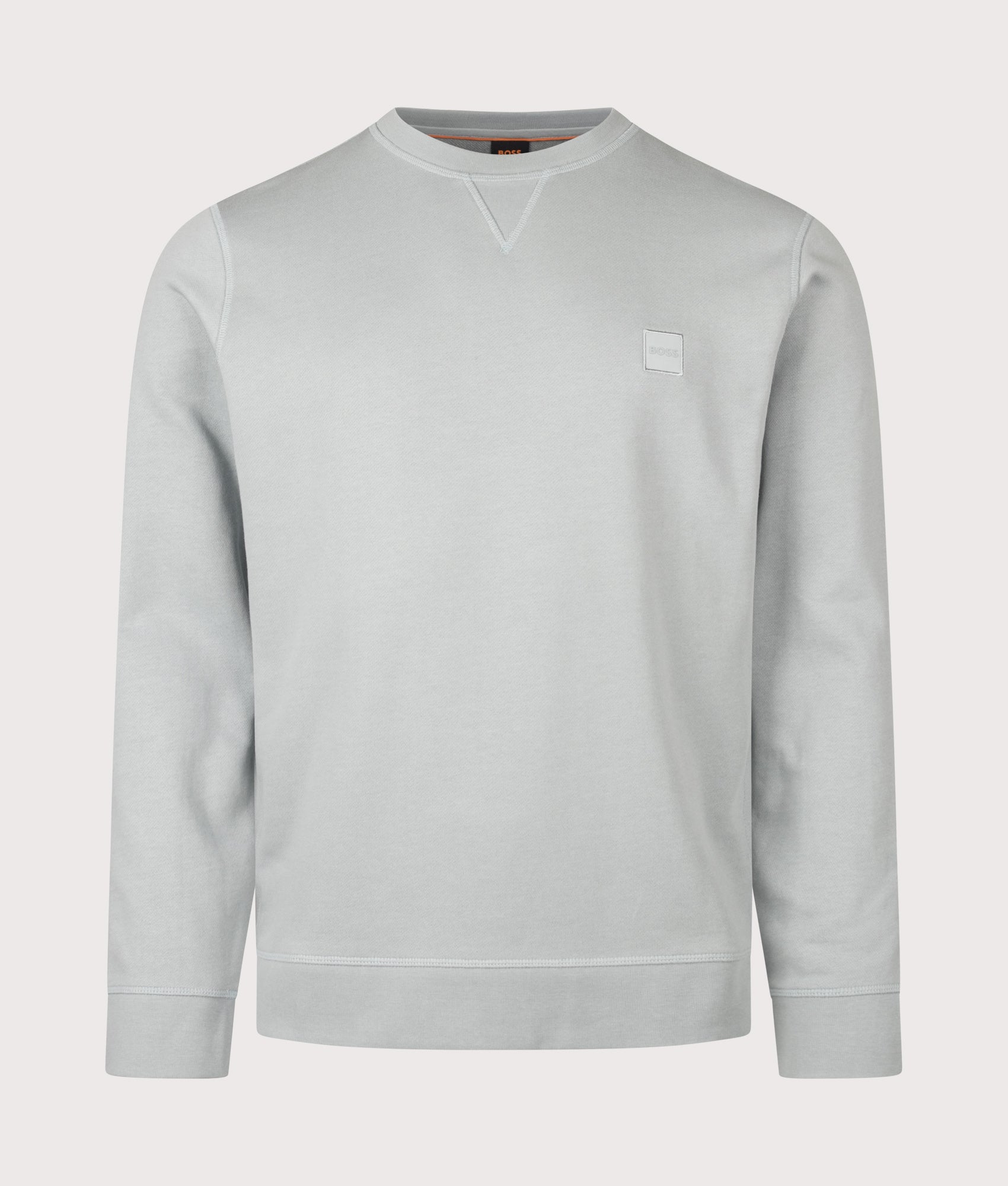 BOSS Regular Fit Westart Sweatshirt in Open Grey at EQVVS Menswear. Front shot.