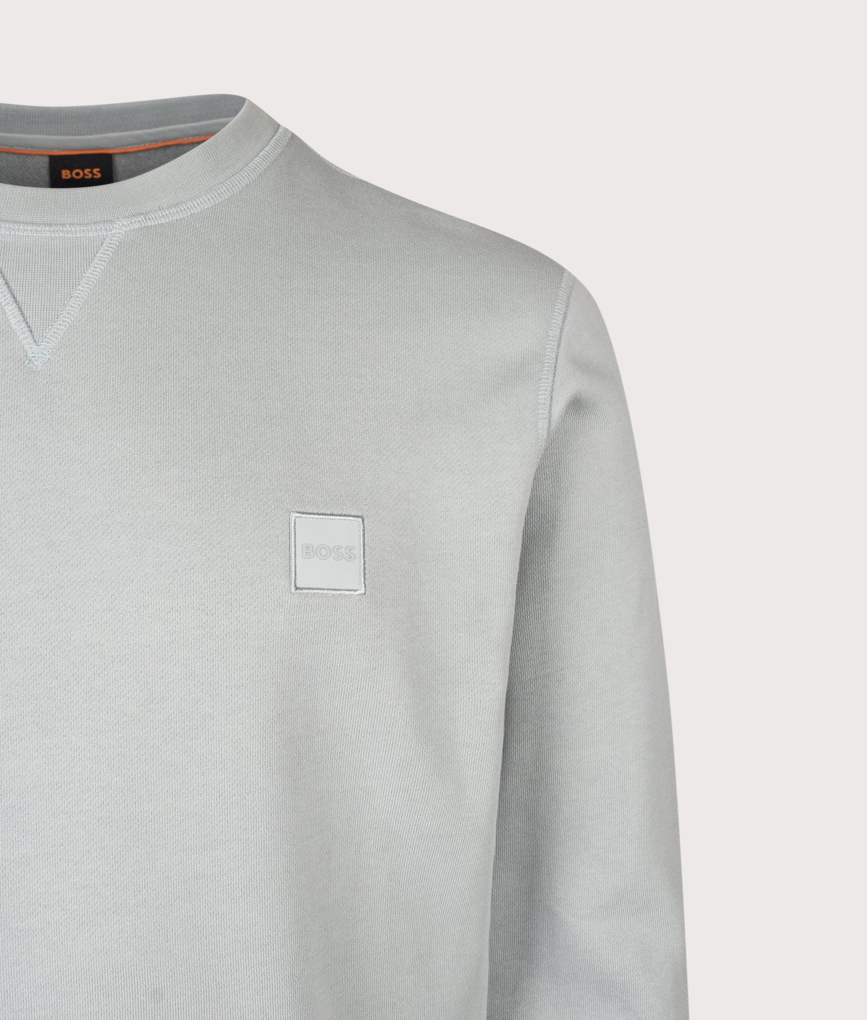BOSS Regular Fit Westart Sweatshirt in Open Grey at EQVVS Menswear. Detail shot.