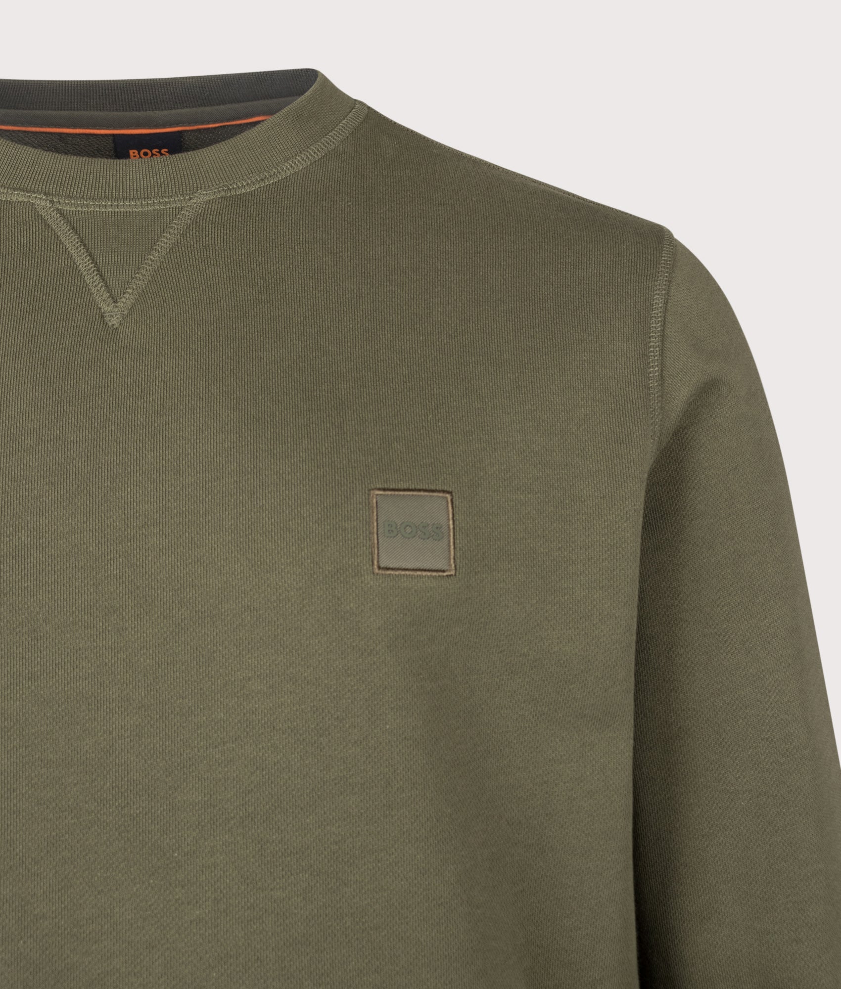BOSS Westart Sweatshirt in Bright Green at EQVVS Menswear. Detail shot.