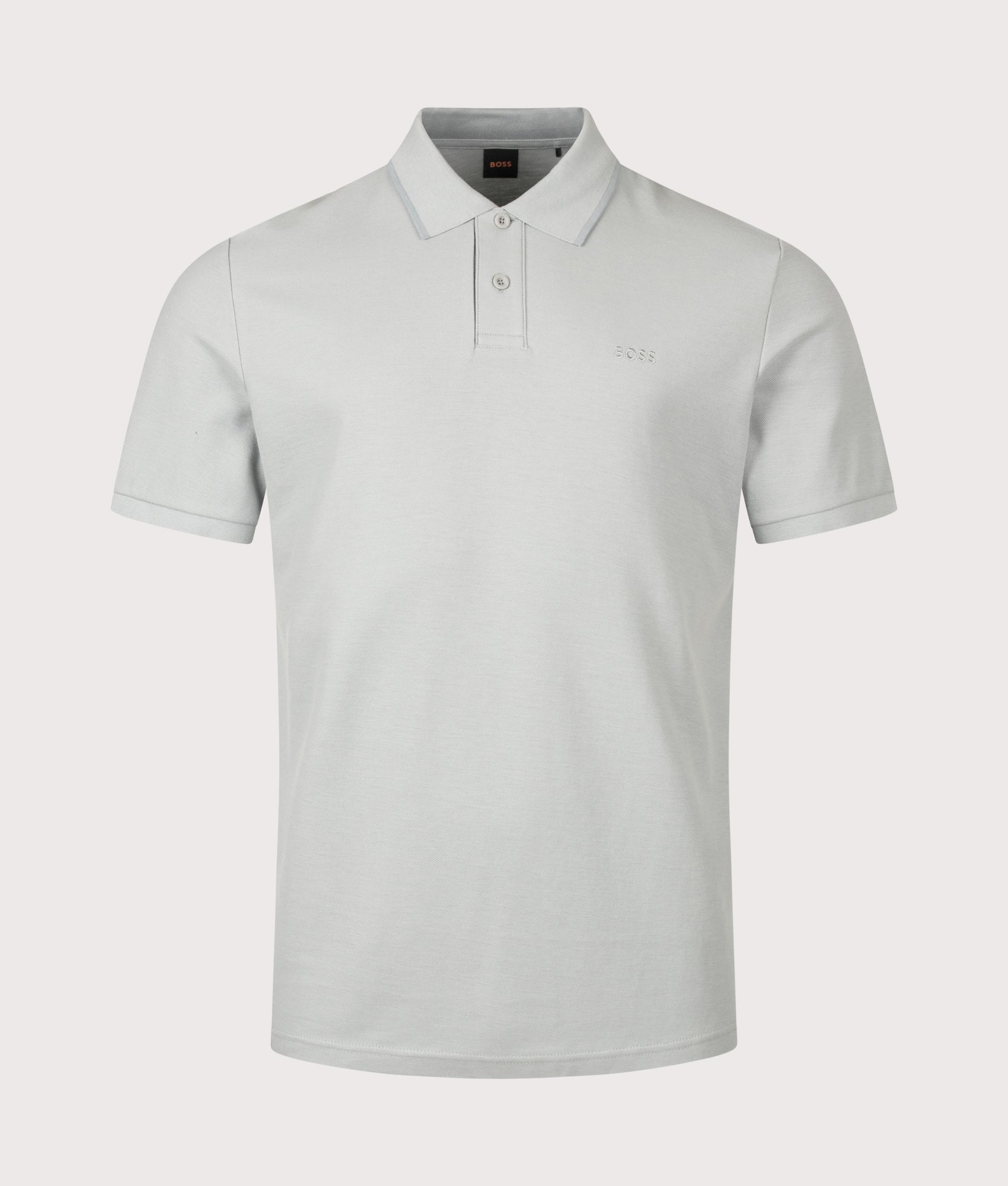 BOSS Regular Fit Phoenix Polo Shirt in Open Grey at EQVVS Menswear. Front shot.
