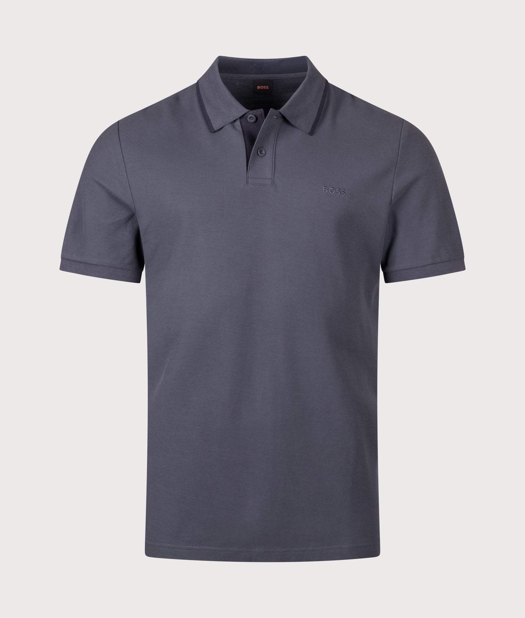 BOSS Regular Fit Phoenix Polo Shirt in Dark Blue at EQVVS Menswear. Front shot.
