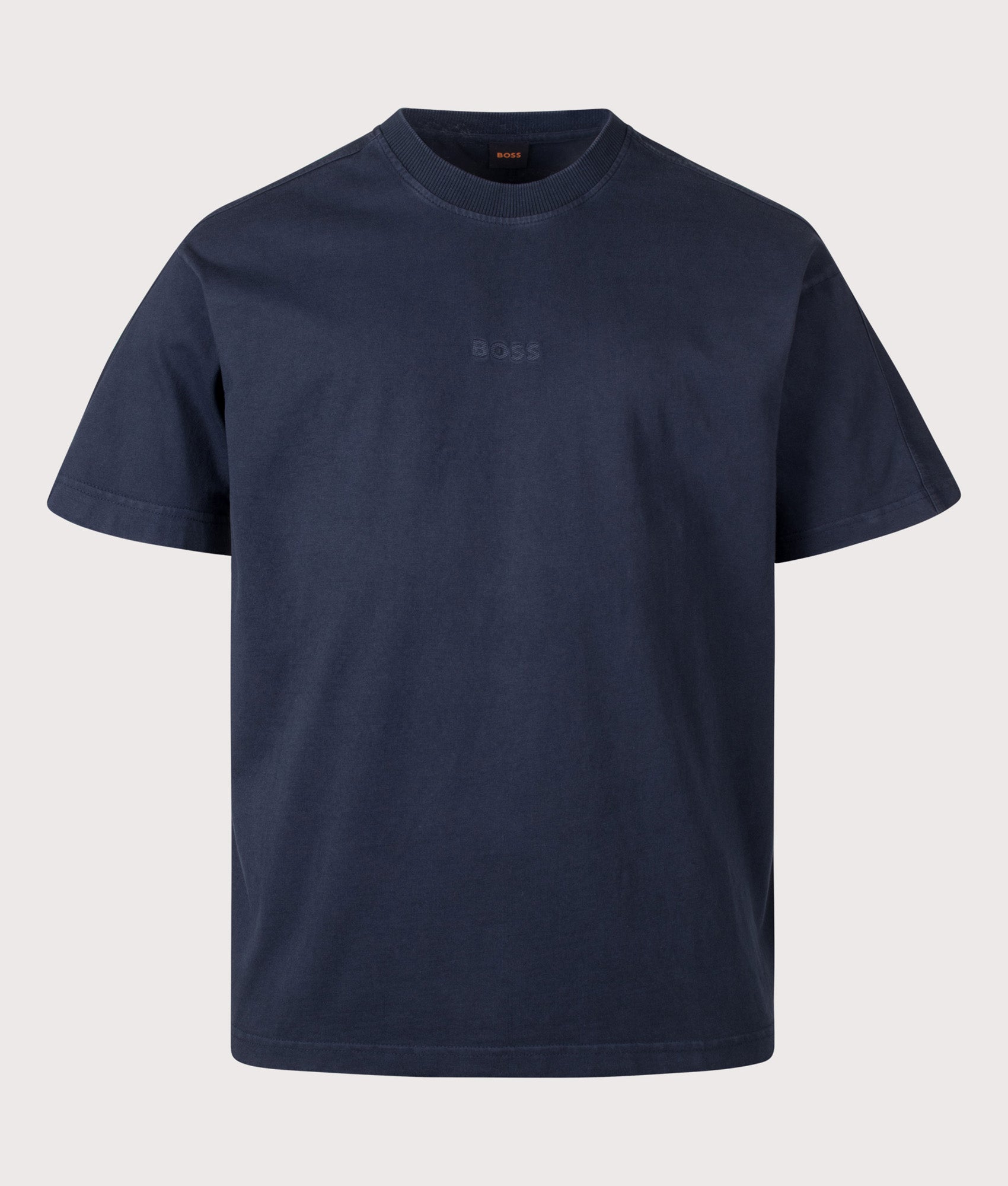 BOSS Relaxed Fit Tile T-Shirt in Dark Blue at EQVVS Menswear. Front shot.