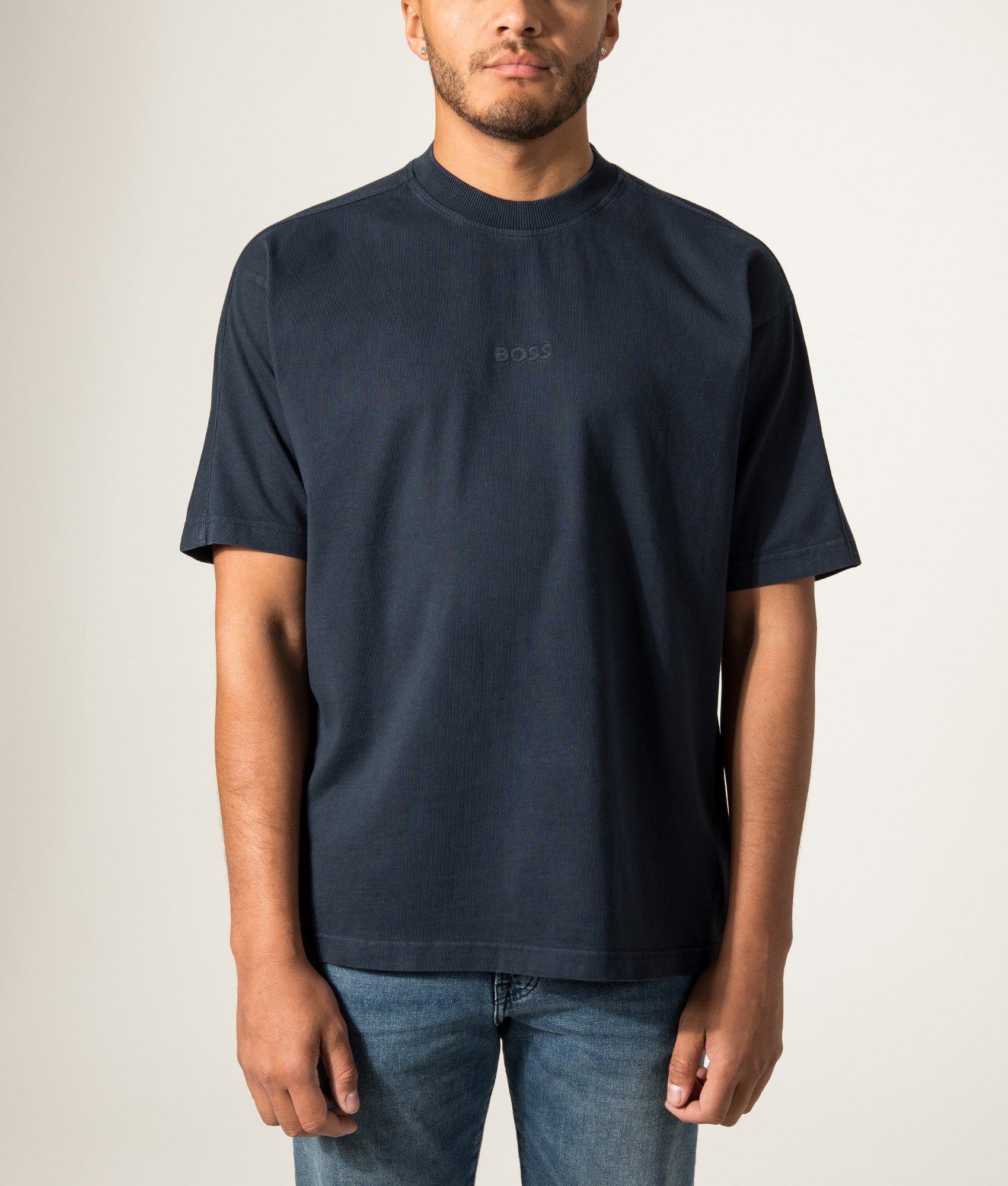 BOSS Relaxed Fit Tile T-Shirt in Dark Blue at EQVVS Menswear. Model front shot.