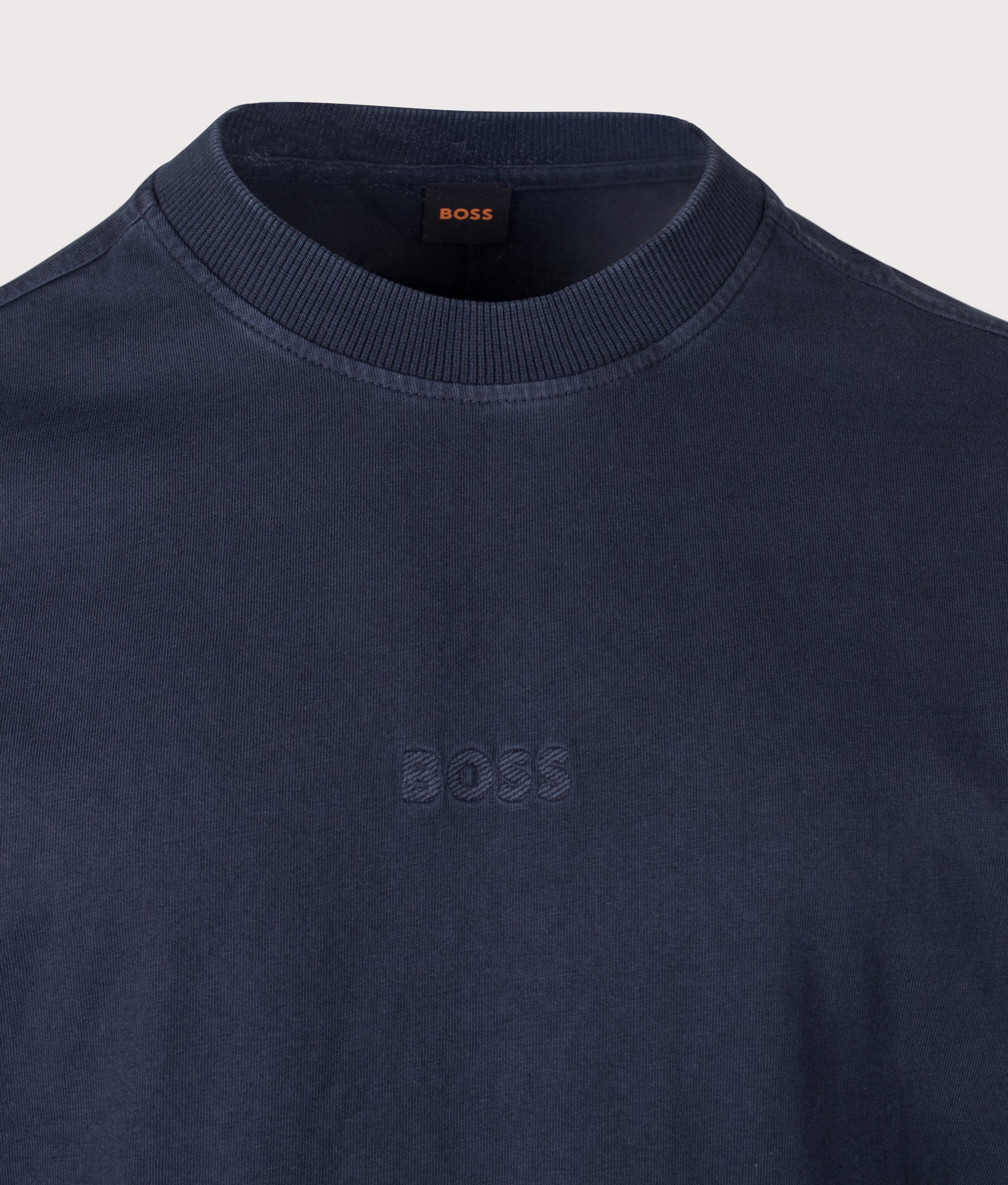 BOSS Relaxed Fit Tile T-Shirt in Dark Blue at EQVVS Menswear. Detail shot.