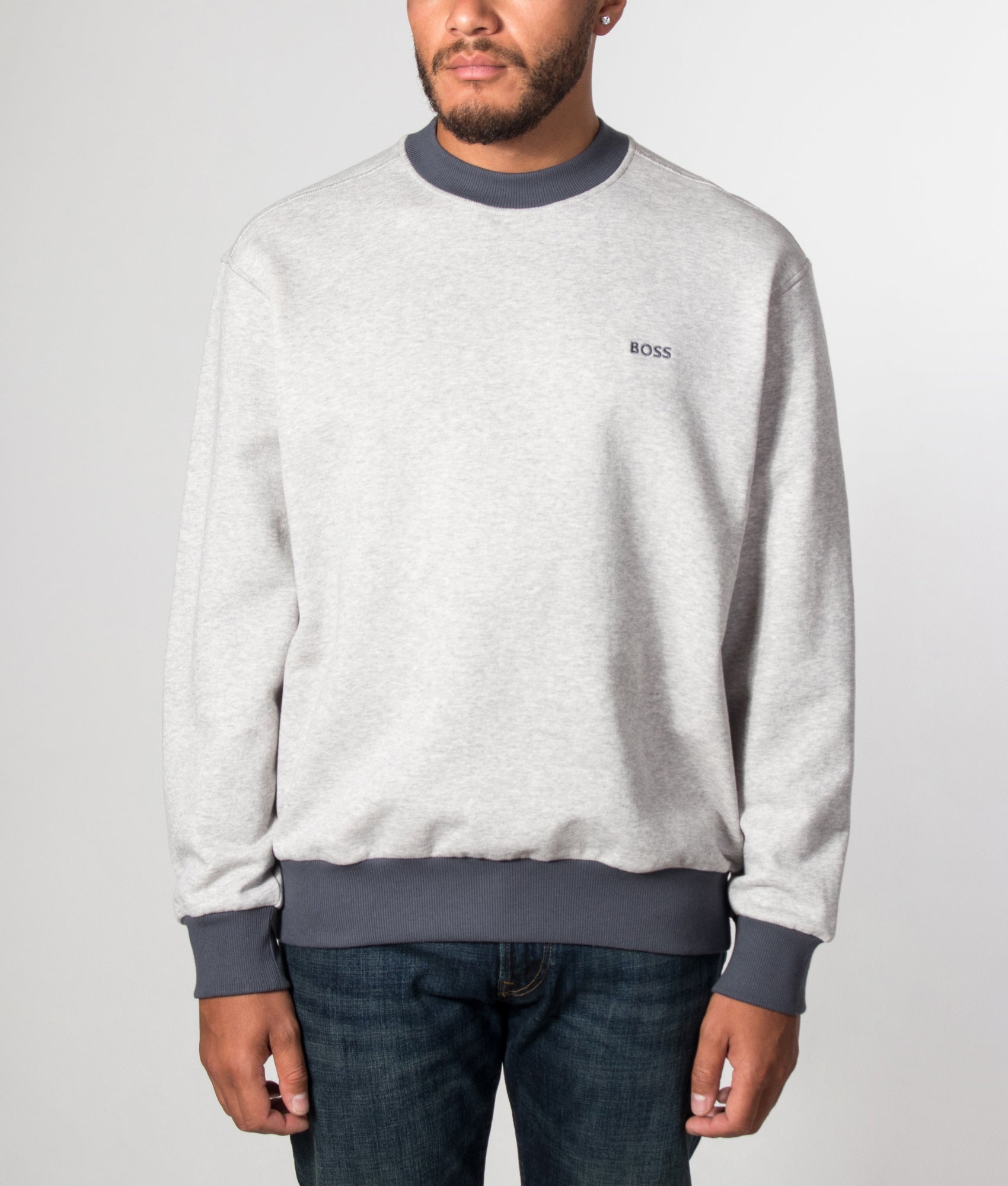 BOSS We Edge Sweatshirt in Open Grey at EQVVS Menswear. Model front shot.