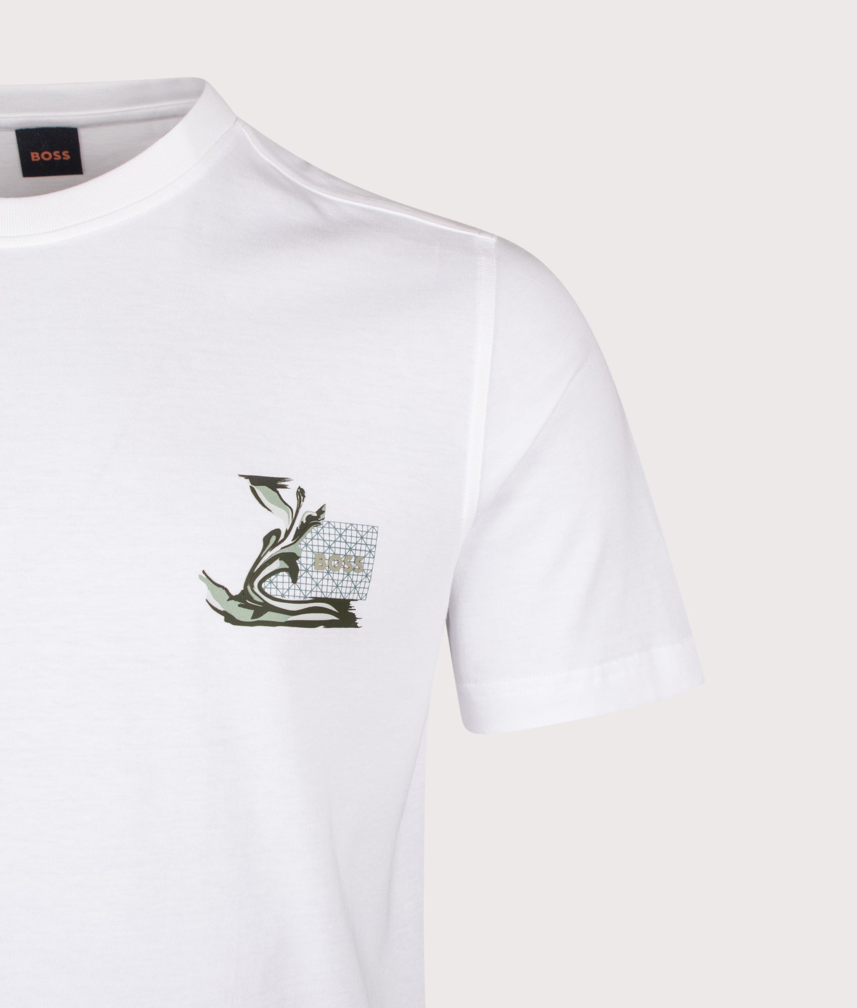 BOSS Te Blueprint T-Shirt in White at EQVVS Menswear. Detail shot.