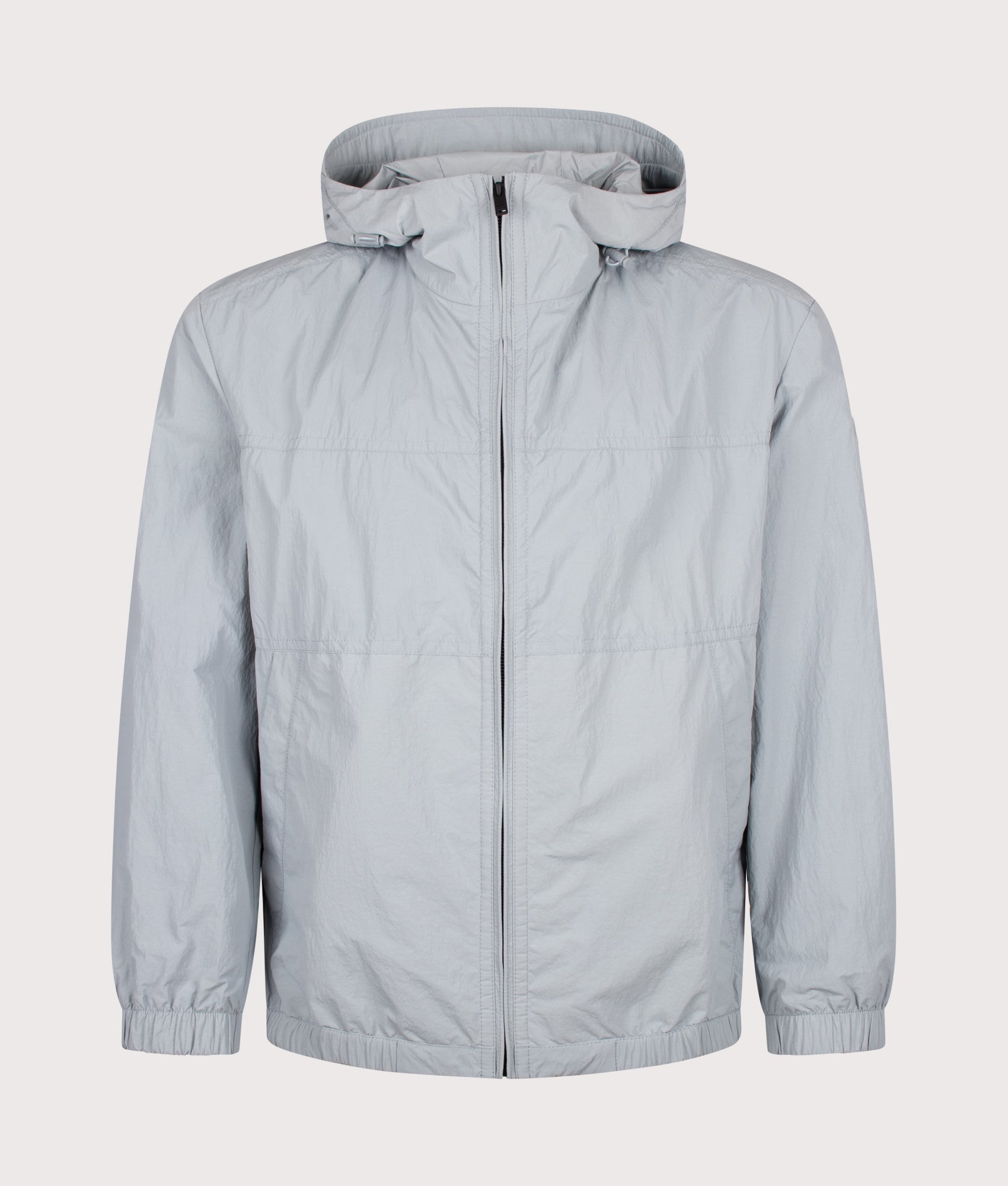BOSS Relaxed Fit Otily1 Windbreaker Jacket in Open Grey at EQVVS Menswear. Front shot.