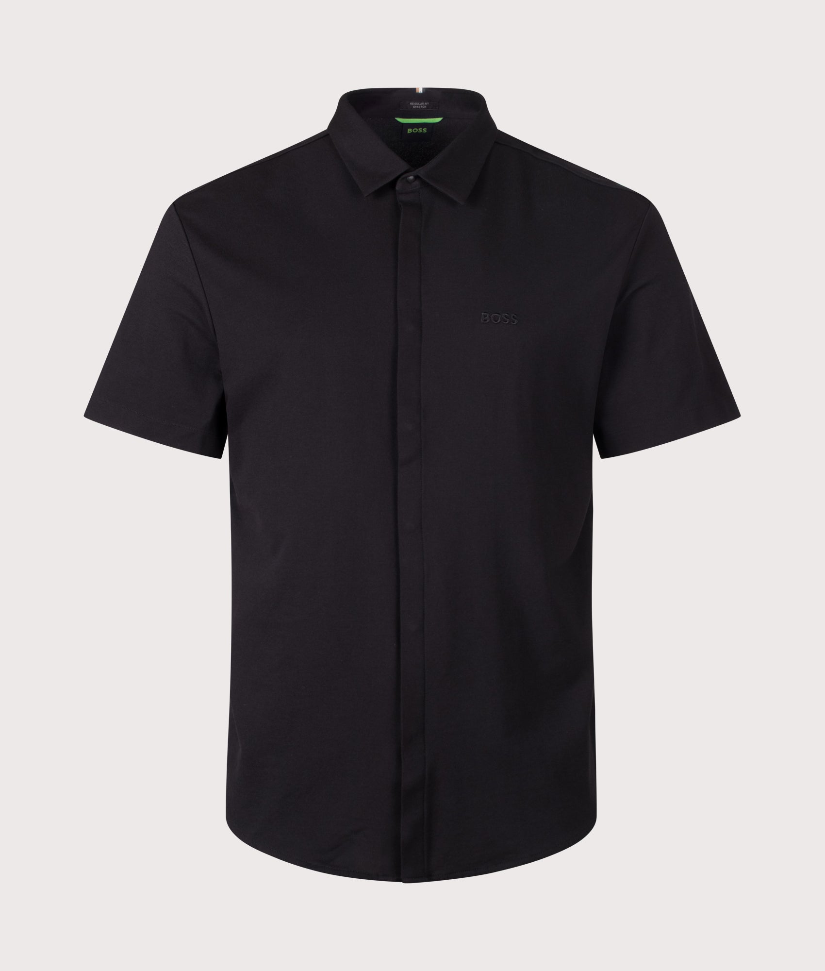 BOSS GOC Swing Short Sleeve Shirt in Black at EQVVS Menswear. Front shot.