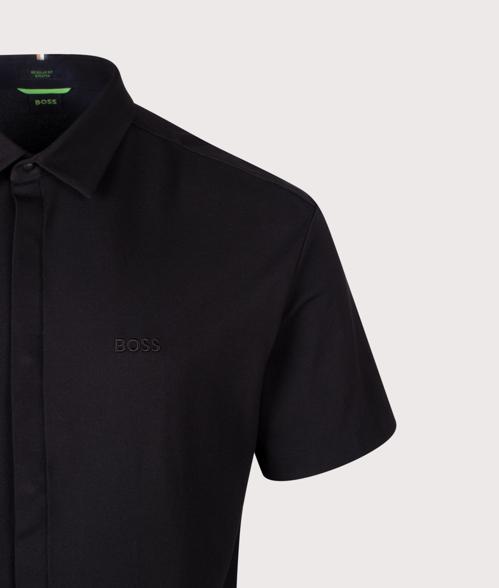 BOSS GOC Swing Short Sleeve Shirt in Black at EQVVS Menswear. Detail shot.