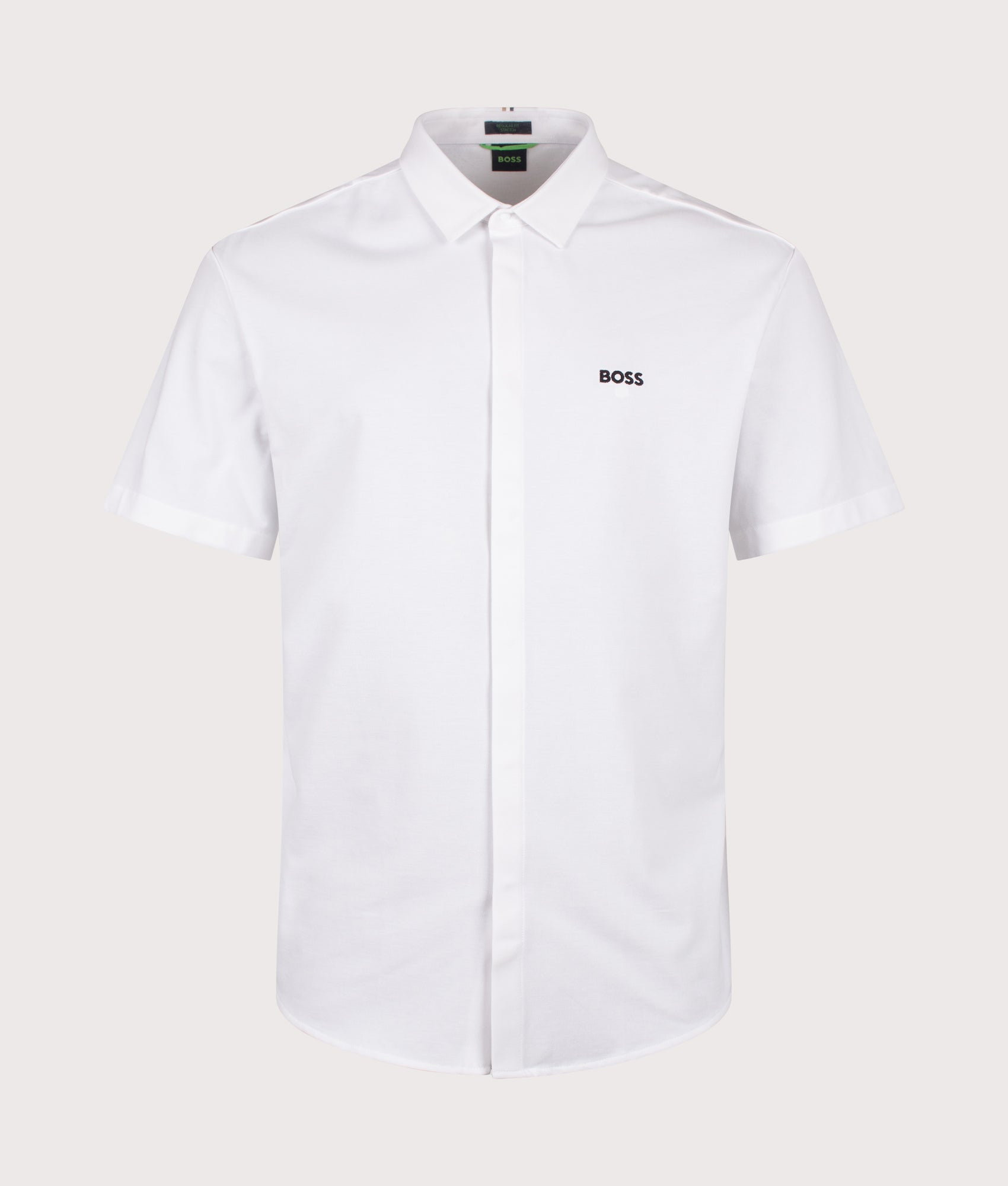 BOSS GOC Swing Short Sleeve Shirt in White at EQVVS Menswear. Front shot. 
