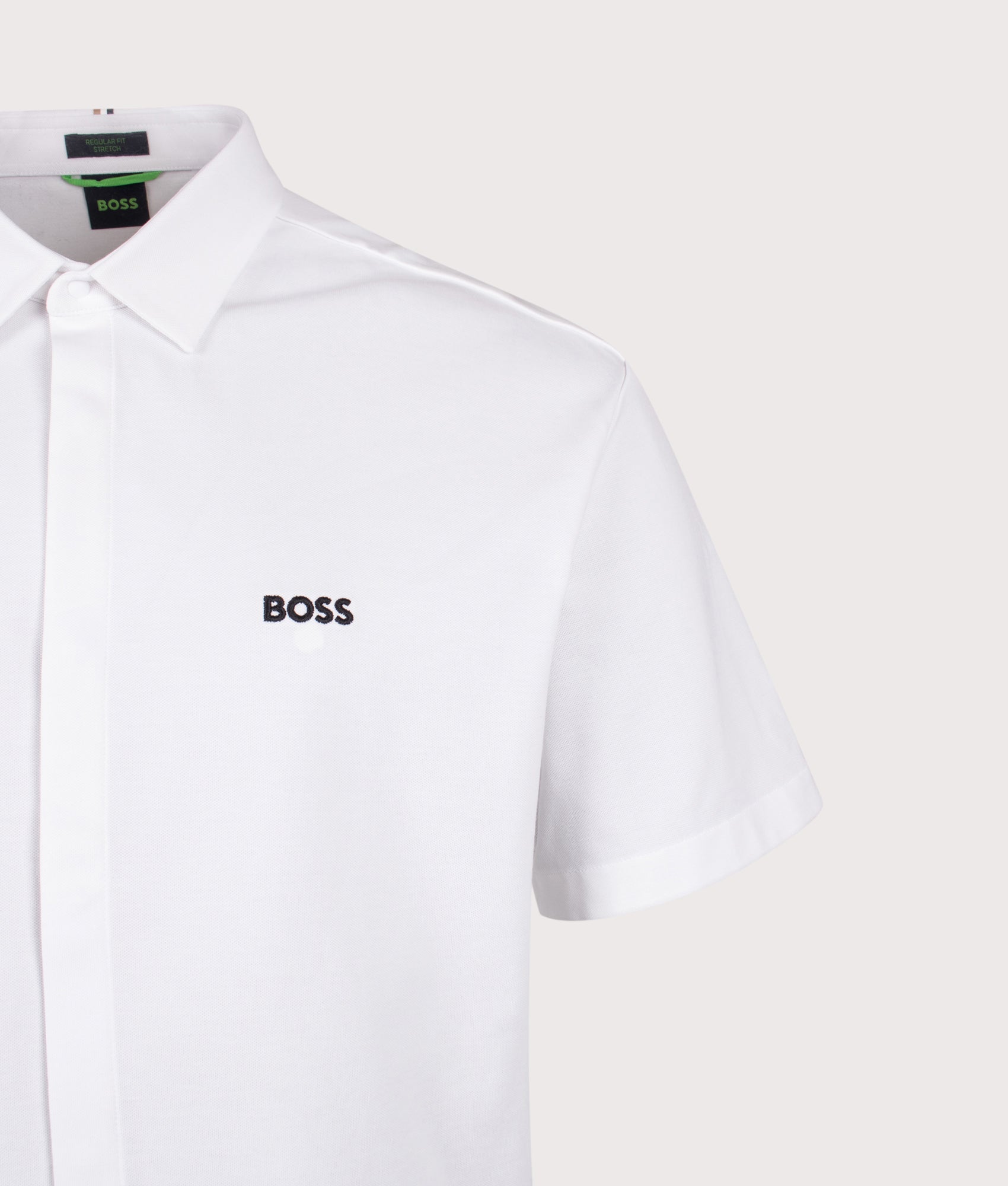 BOSS GOC Swing Short Sleeve Shirt in White at EQVVS Menswear. Detail shot.