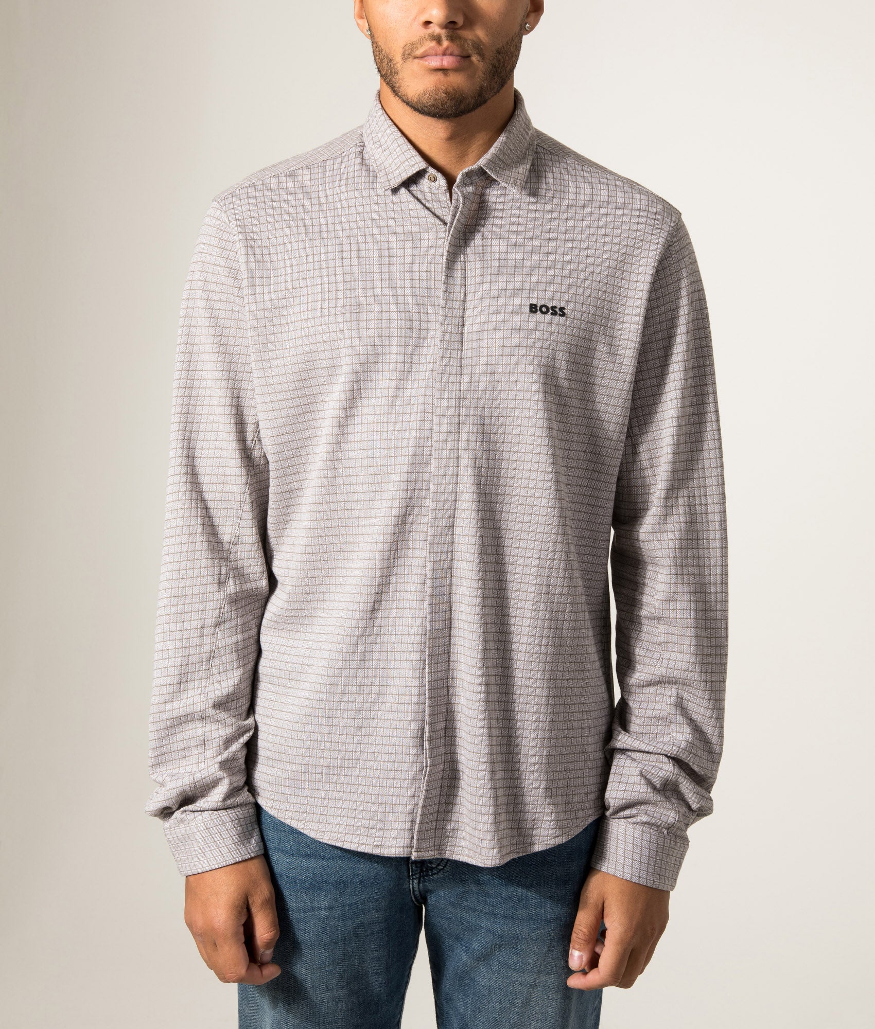 BOSS Dymova Shirt in Light/Pastel Green at EQVVS Menswear. Model front shot.